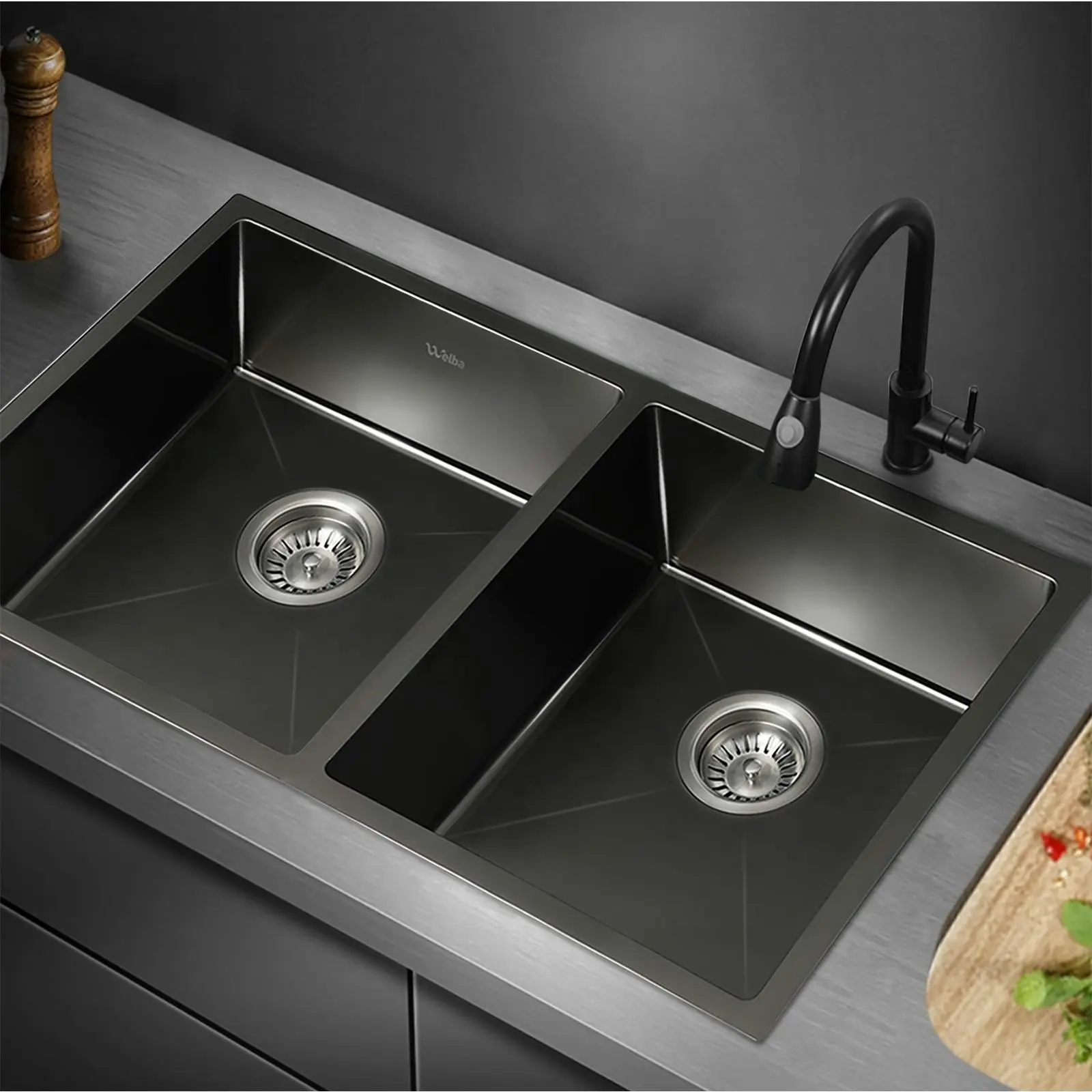 Welba Kitchen Sink Stainless Steel Basin Double Under/Top/Flush Mount Black