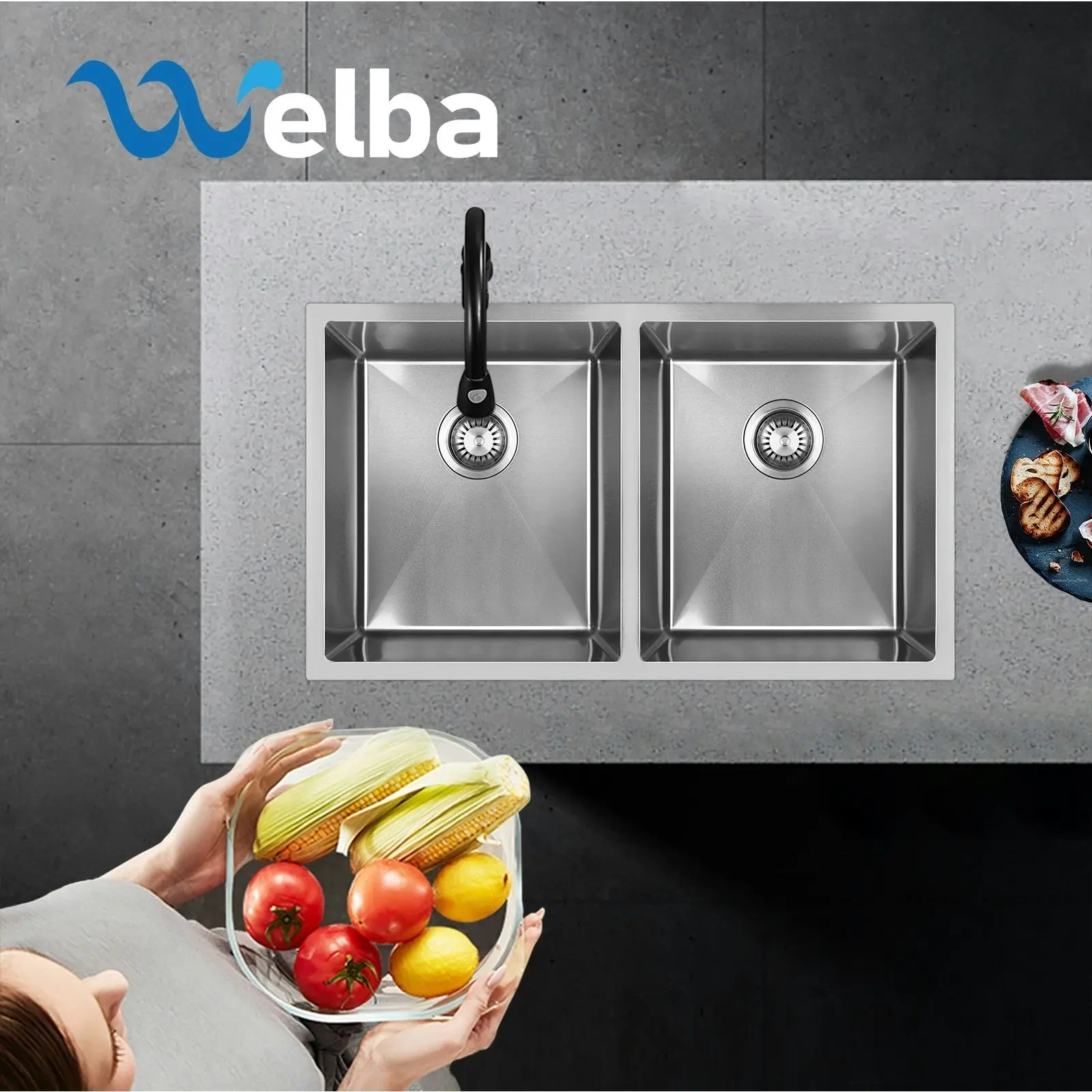 Welba Kitchen Sink Stainless Steel Basin Double Under/Top/Flush Mount 76X44CM