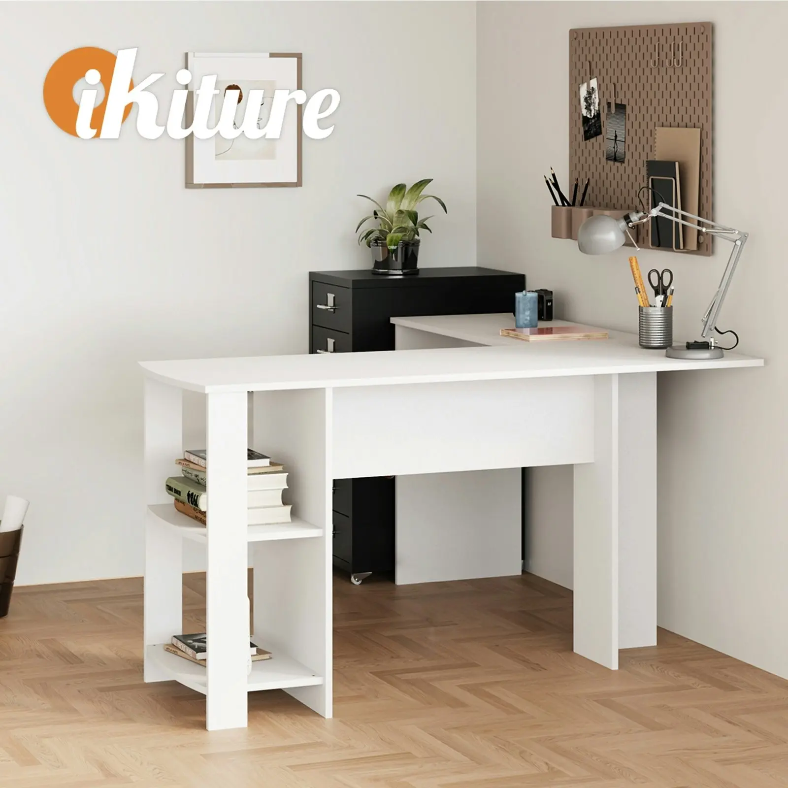 Oikiture L-shape Computer Desk Home Office Writing Desk w/ Storage Shelves White