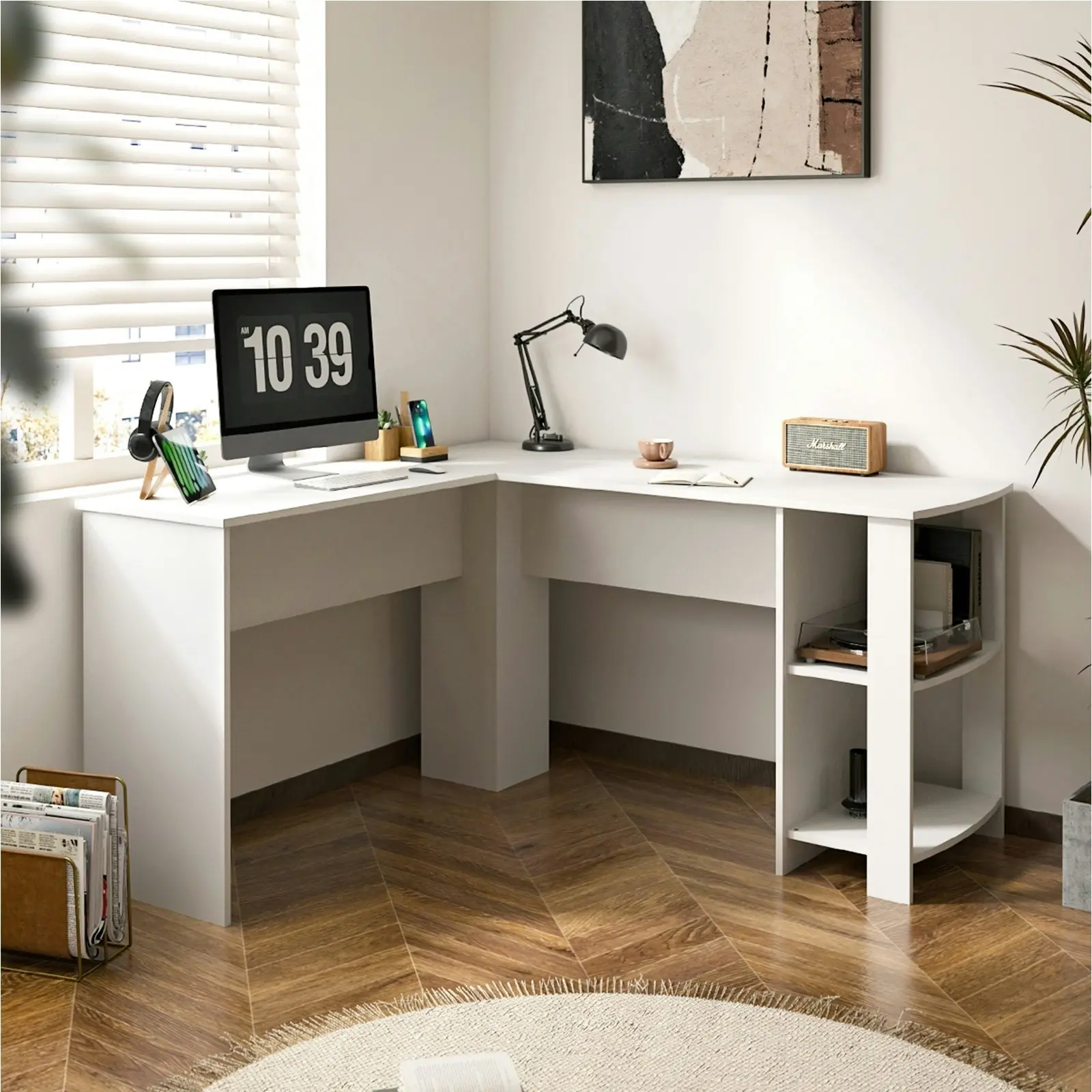 Oikiture L-shape Computer Desk Home Office Writing Desk w/ Storage Shelves White