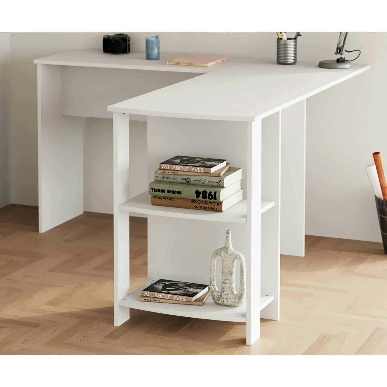 Oikiture L-shape Computer Desk Home Office Writing Desk w/ Storage Shelves White