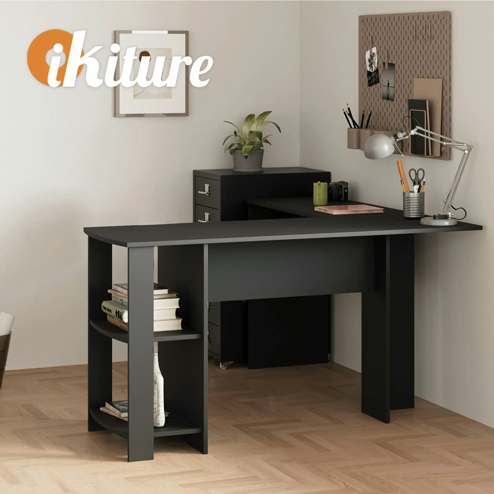 Oikiture L-shape Computer Desk Home Office Writing Desk w/ Storage Shelves Black