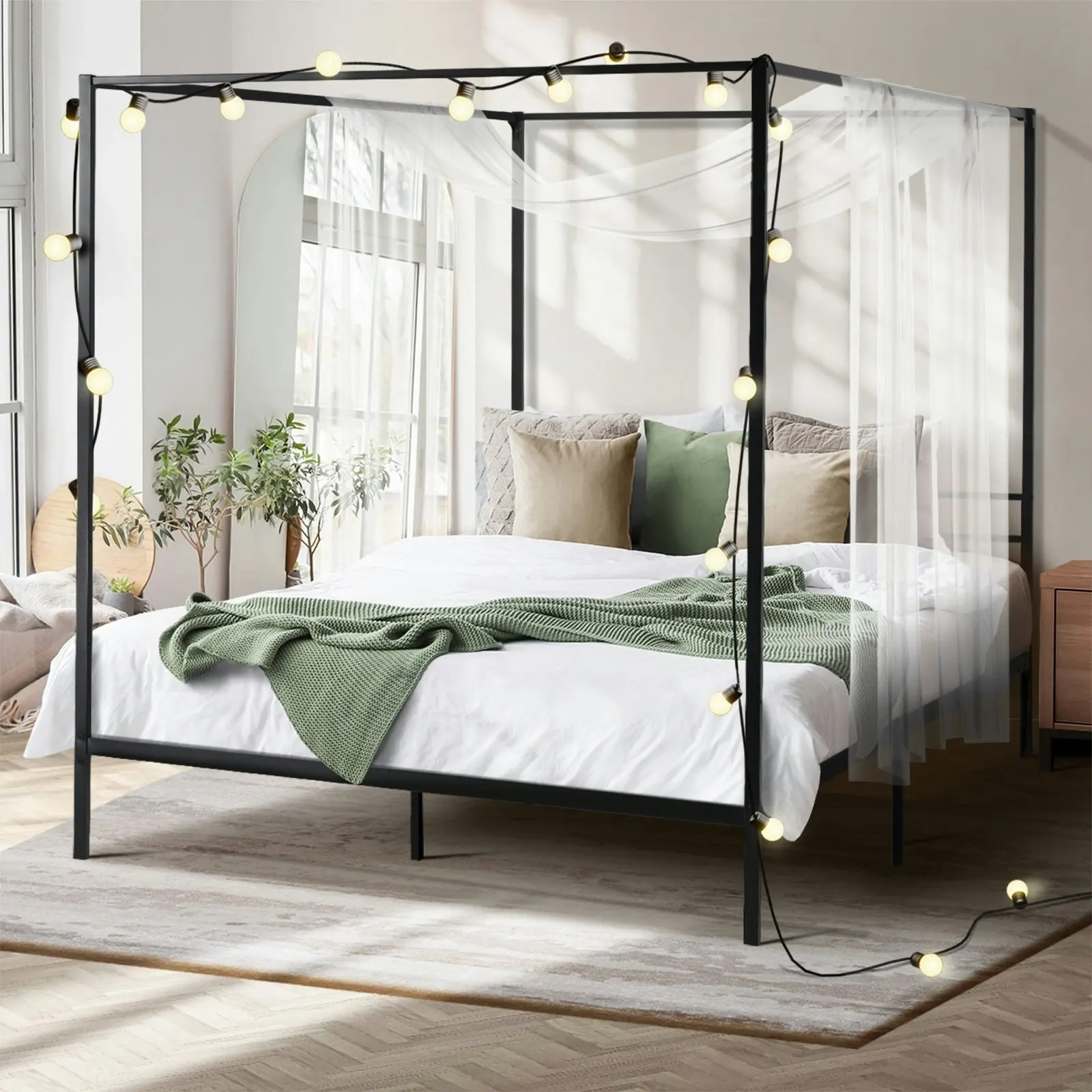 Oikiture Metal Canopy Bed Frame Queen Size Platform