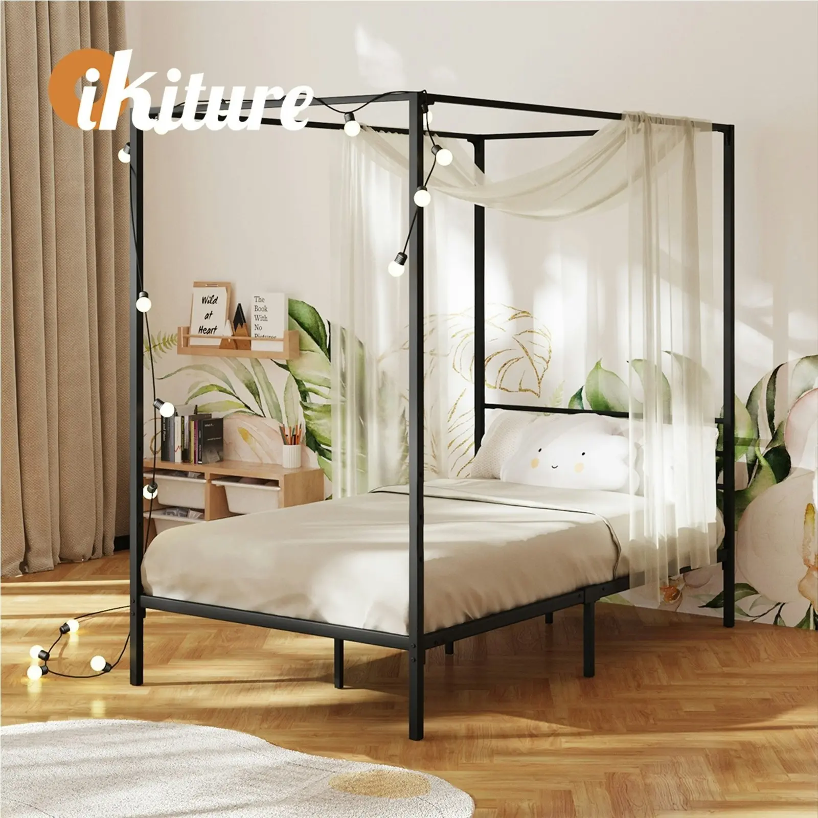 Oikiture Metal Canopy Bed Frame Single Size Platform