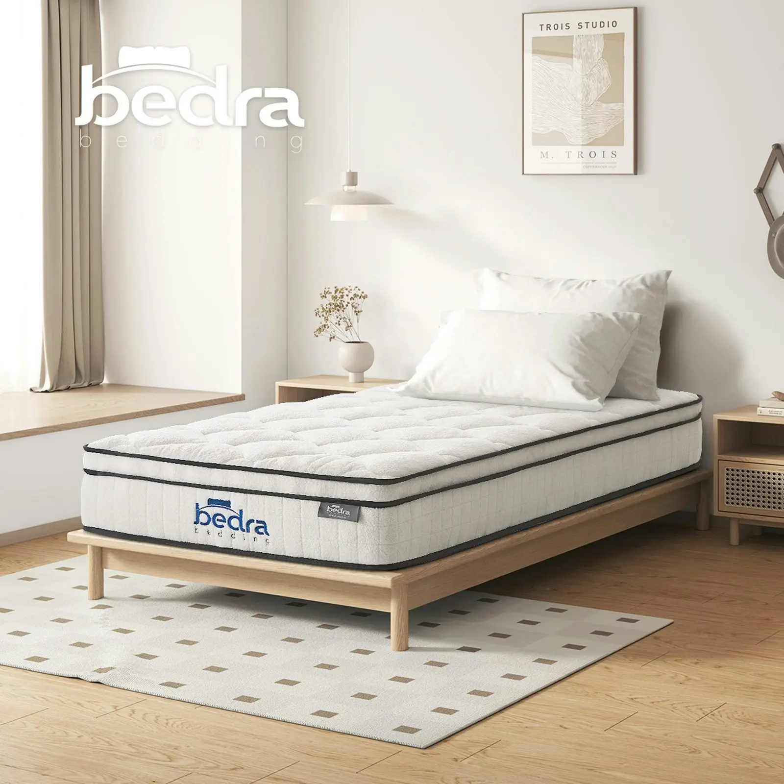 Bedra King Single Mattress Luxury Boucle Fabric Euro Top Pocket Spring Bed Medium 22cm