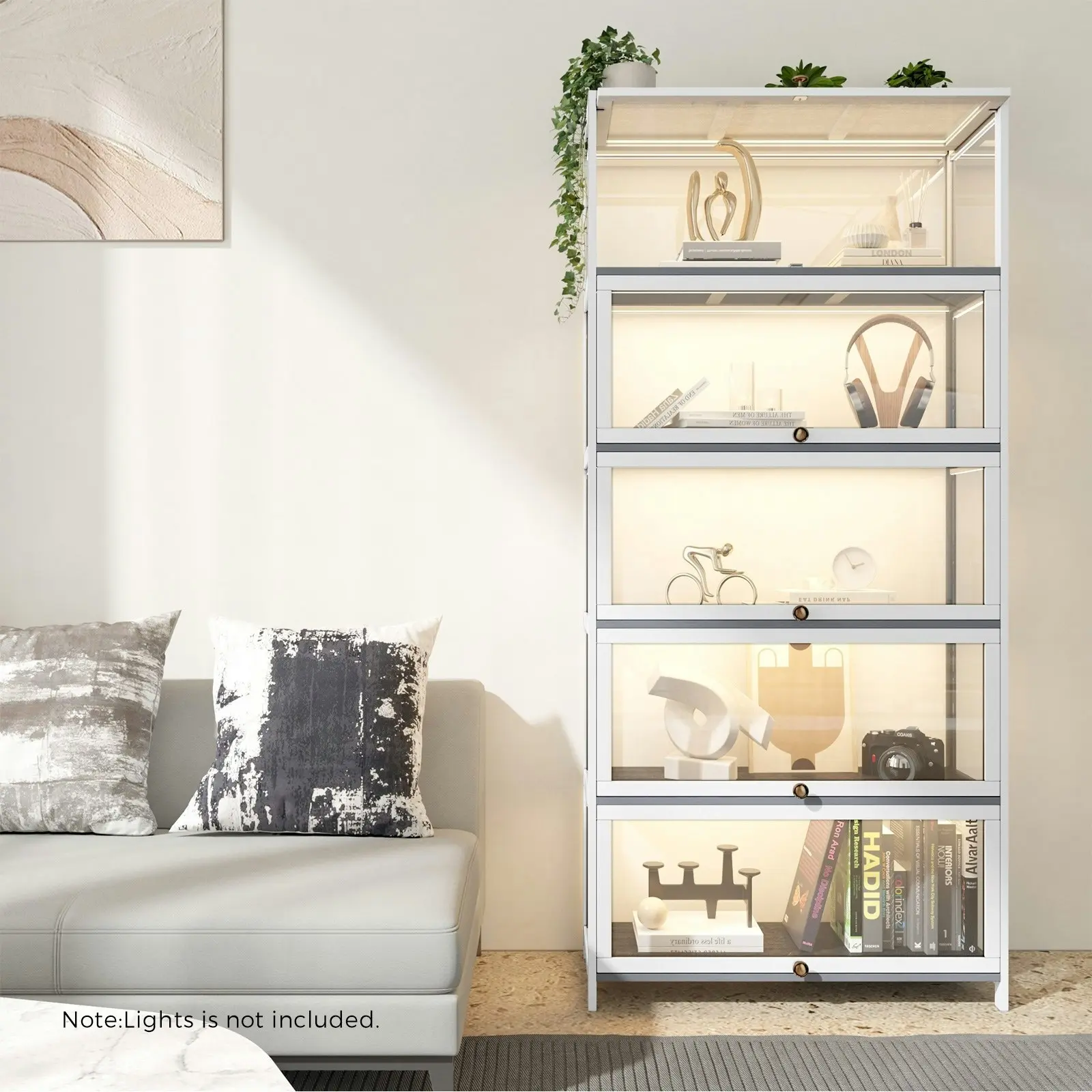 Oikiture Display Cabinet Storage 5-Tier Shelves Clear Bookcase Sideboard White