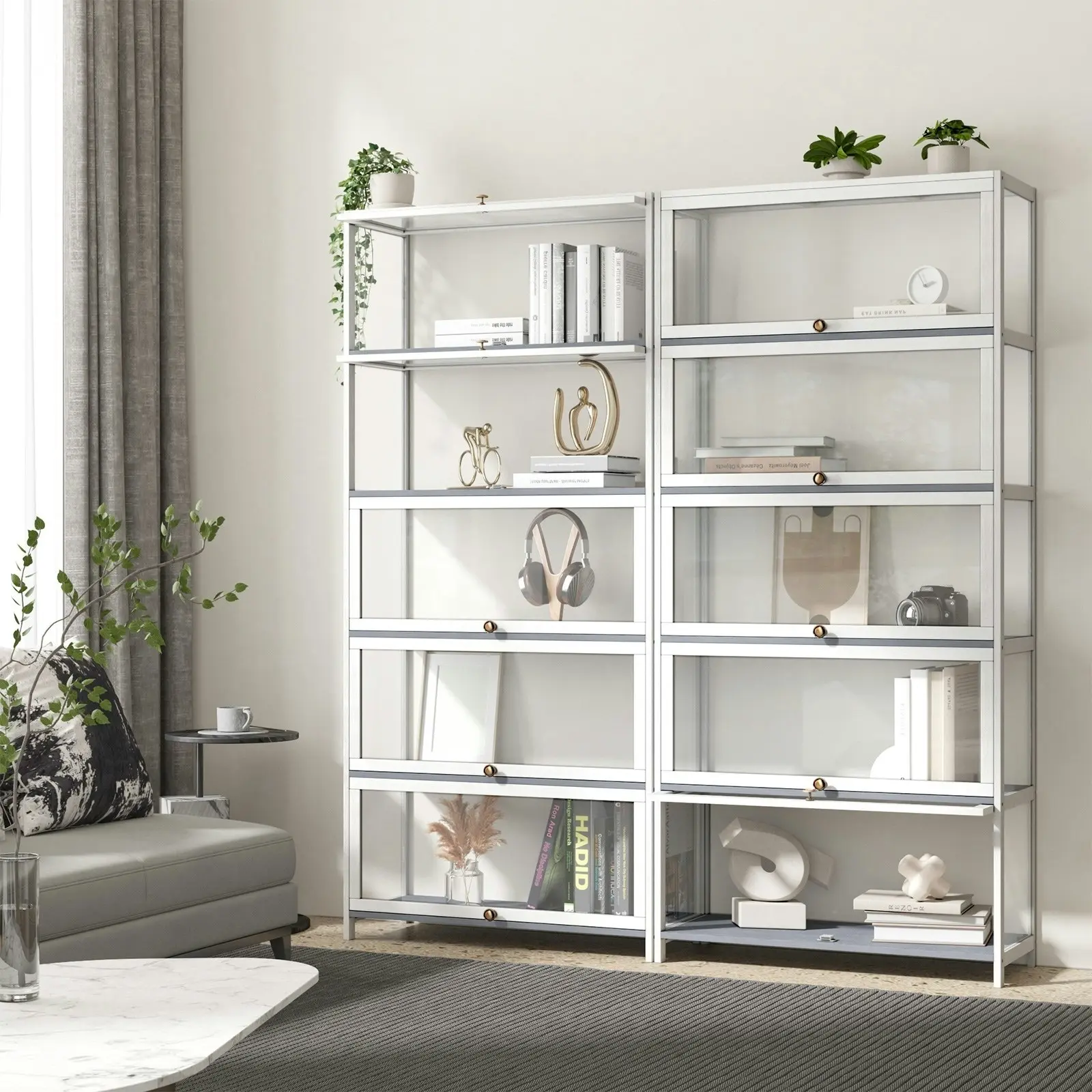 Oikiture Display Cabinet Storage 5-Tier Shelves Clear Bookcase Sideboard White