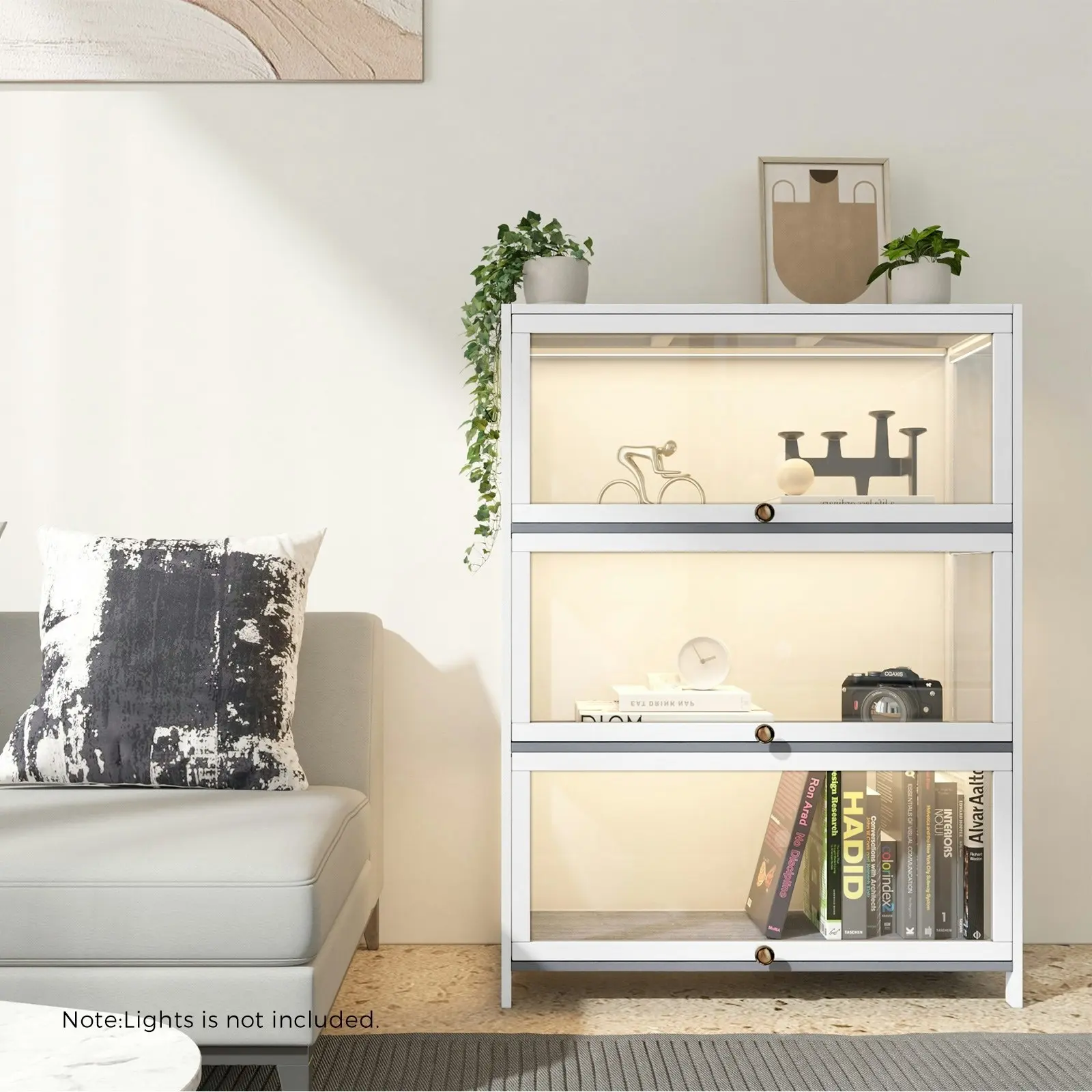 Oikiture Display Cabinet With Bamboo Frame Acrylic Board 3 shelves White