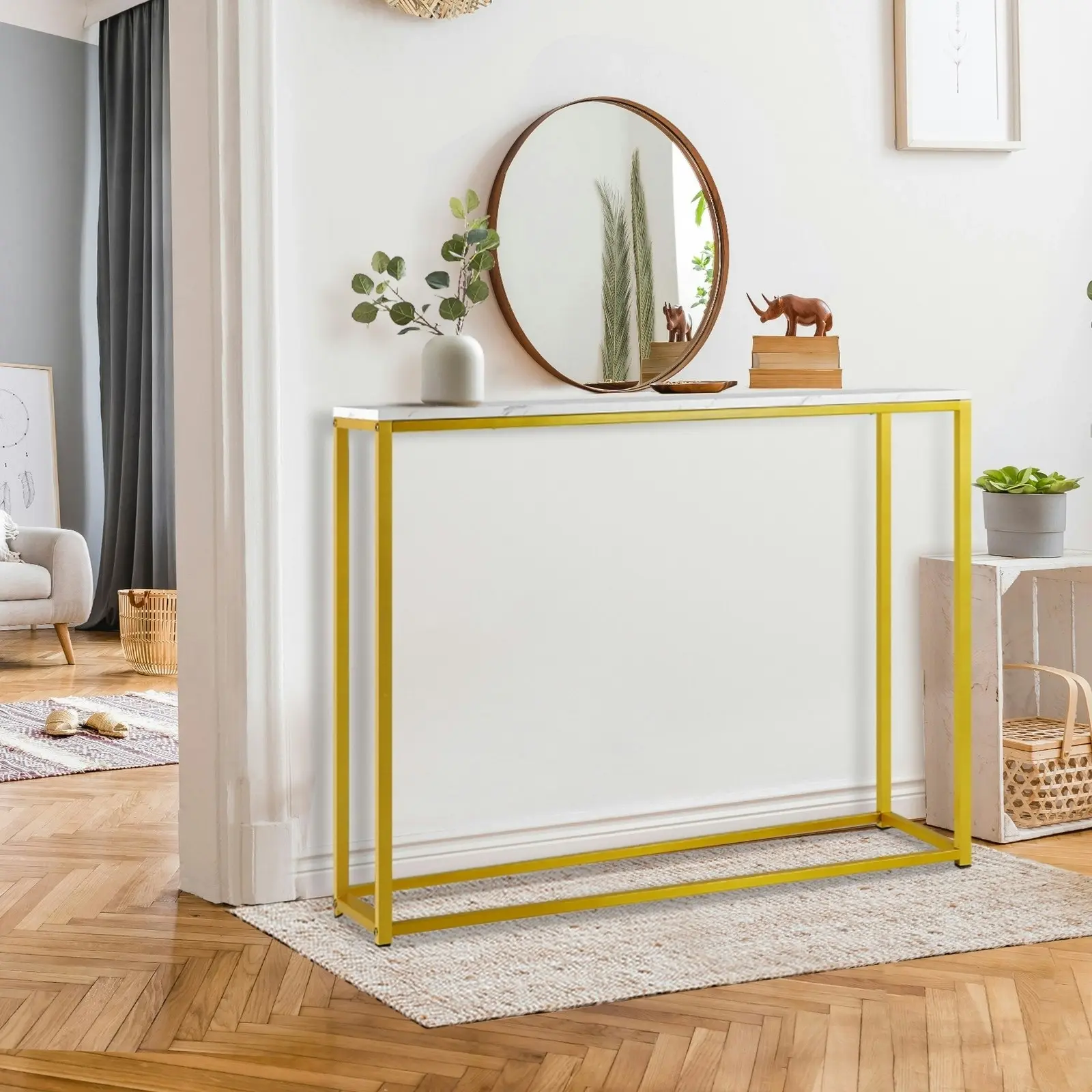 Oikiture Console Table Marble-look Iron Hallway Desk Entry Display Gold&White