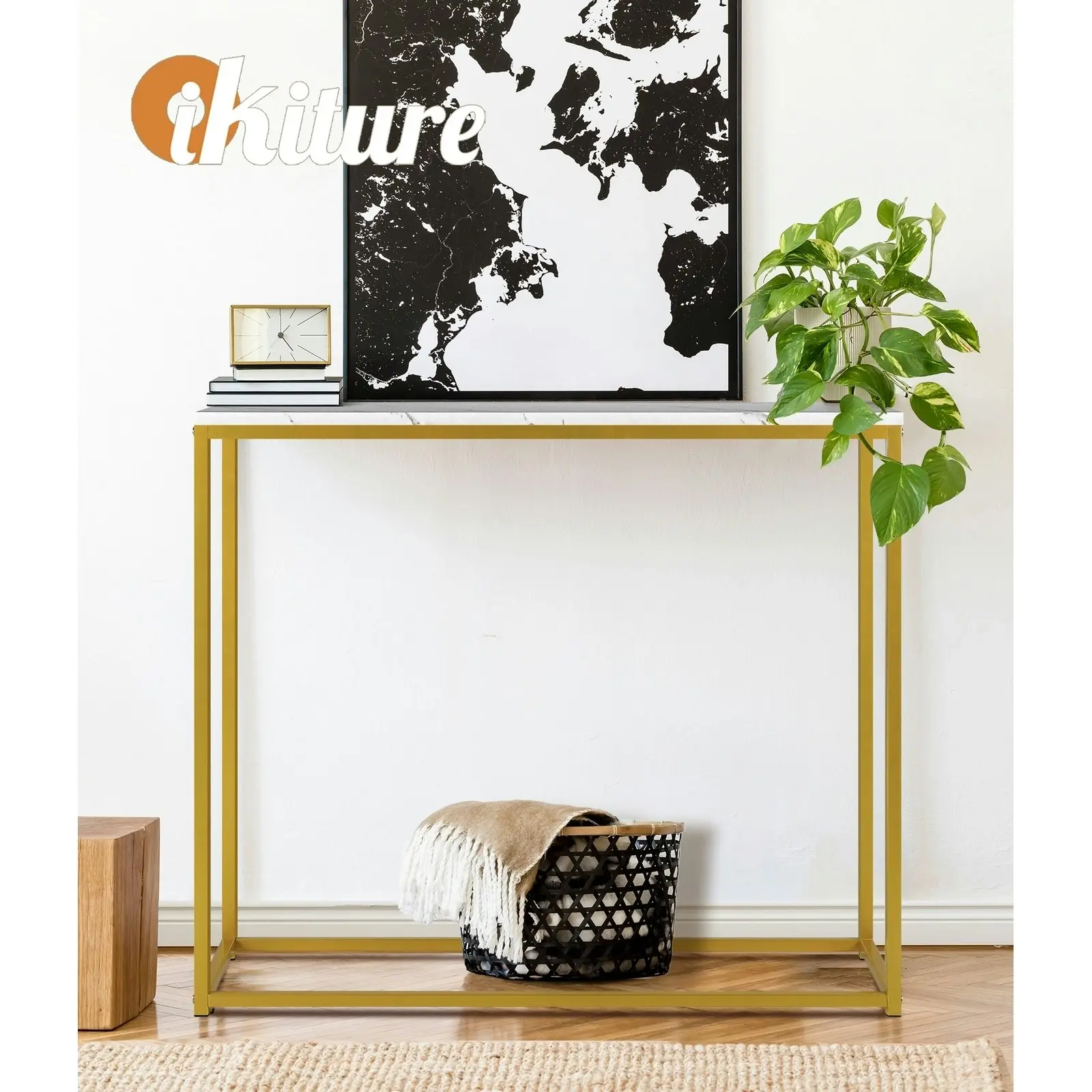 Oikiture Console Table Marble-look Iron Hallway Desk Entry Display Gold&White