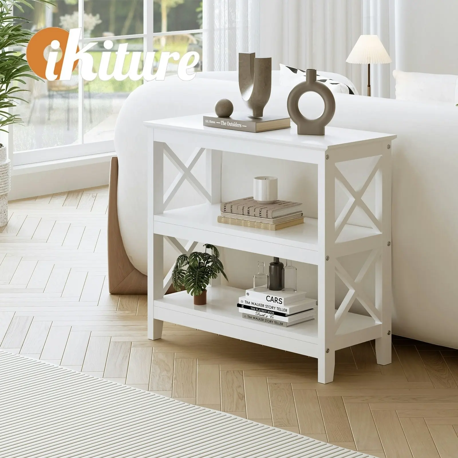 Oikiture 3-Tier Console Table X-Design Wood Sofa Table Hall Side Entry White