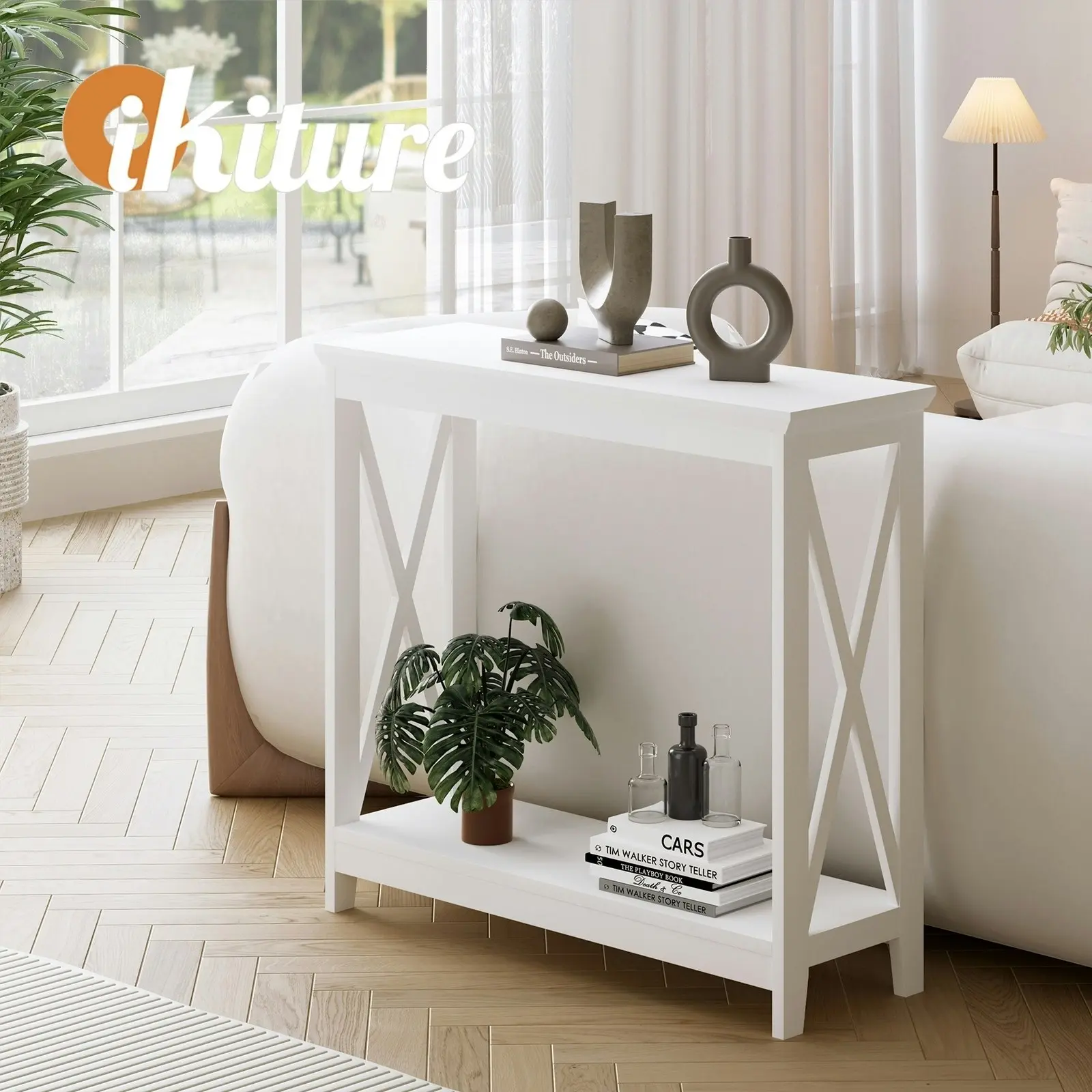 Oikiture 2-Tier Console Table X-Design Wood Sofa Table Hall Side Entry White