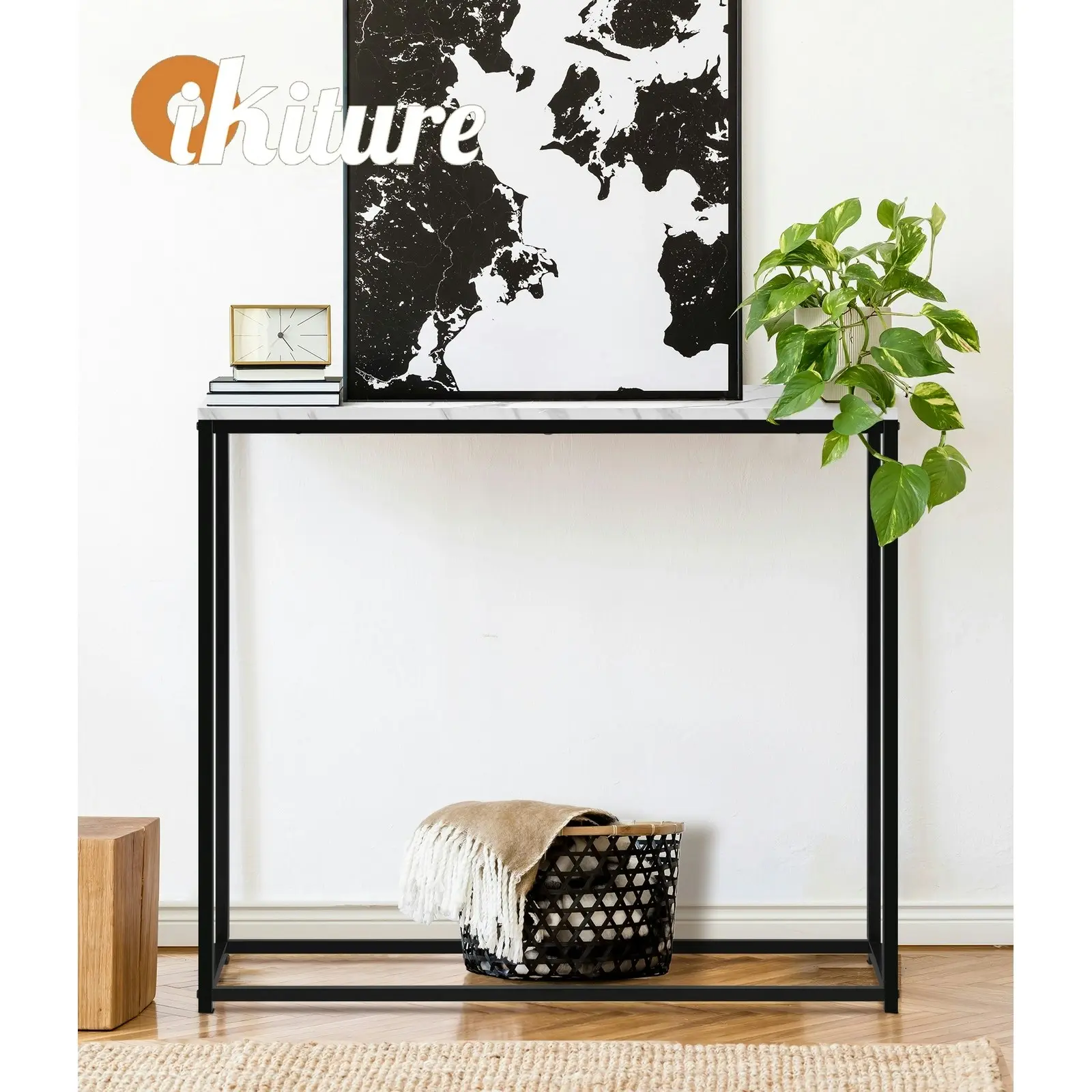 Oikiture Console Table Marble-look Iron Hallway Desk Entry Display Black&White