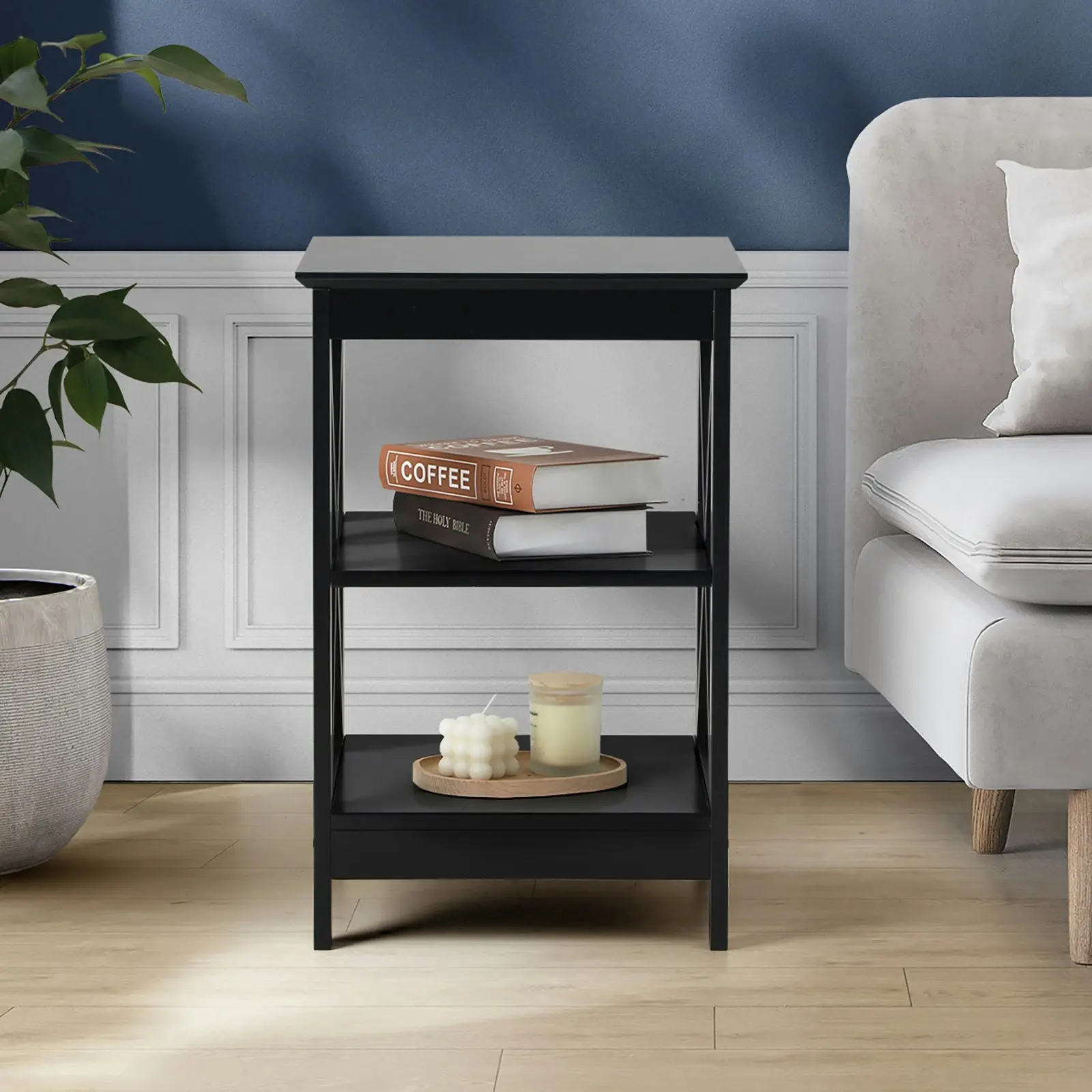 Oikiture Side Table Coffee Bedside Sofa End Tables 3-tier Shelf Black