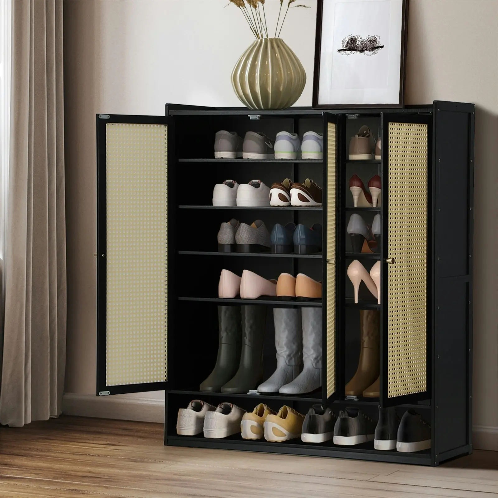 Oikiture Shoe Storage Cabinet Shoes Rack Organiser Shelf 3 Doors Rattan Style