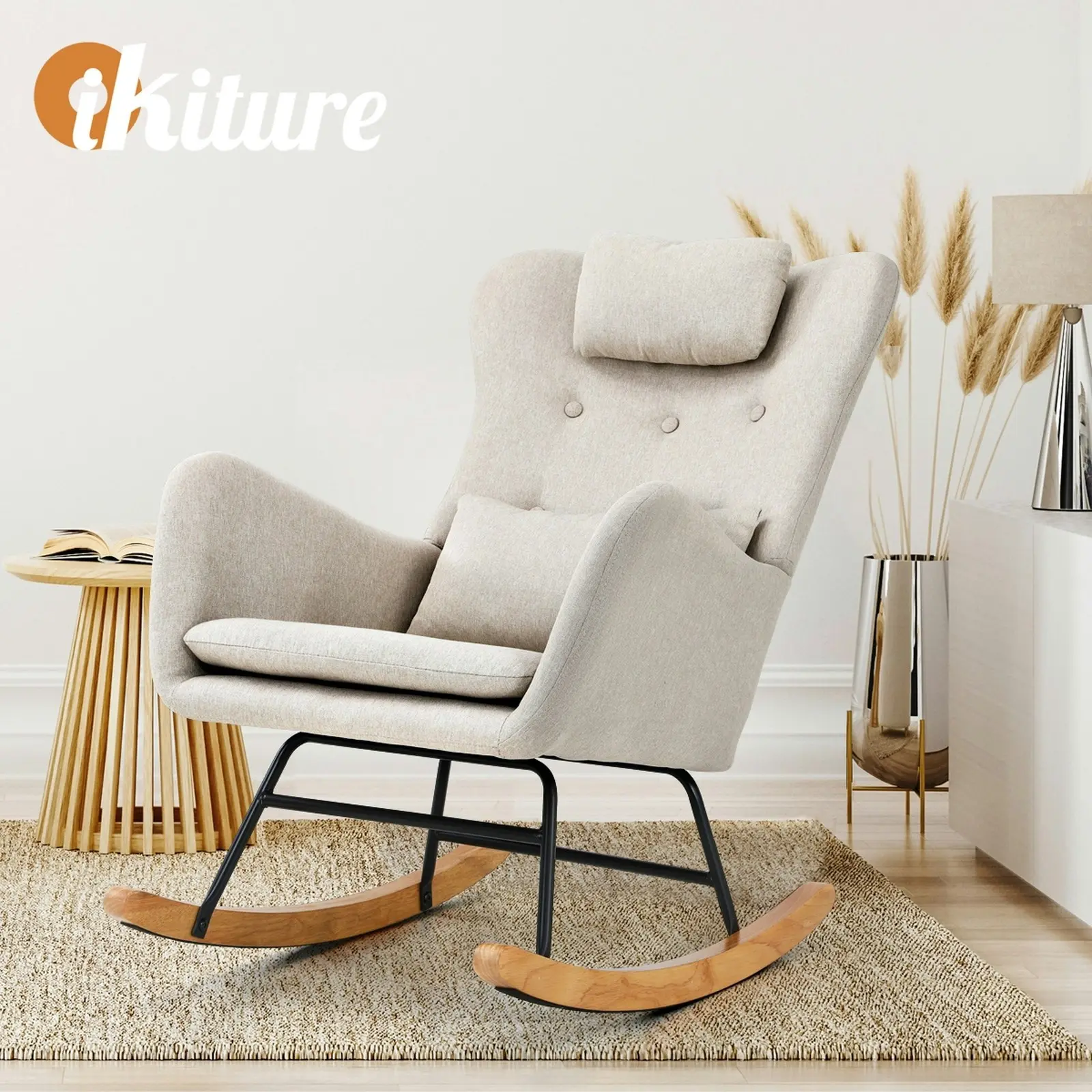 Oikiture Rocking Chair Nursing Armchair Linen Accent Chairs With 2 Pillow Beige