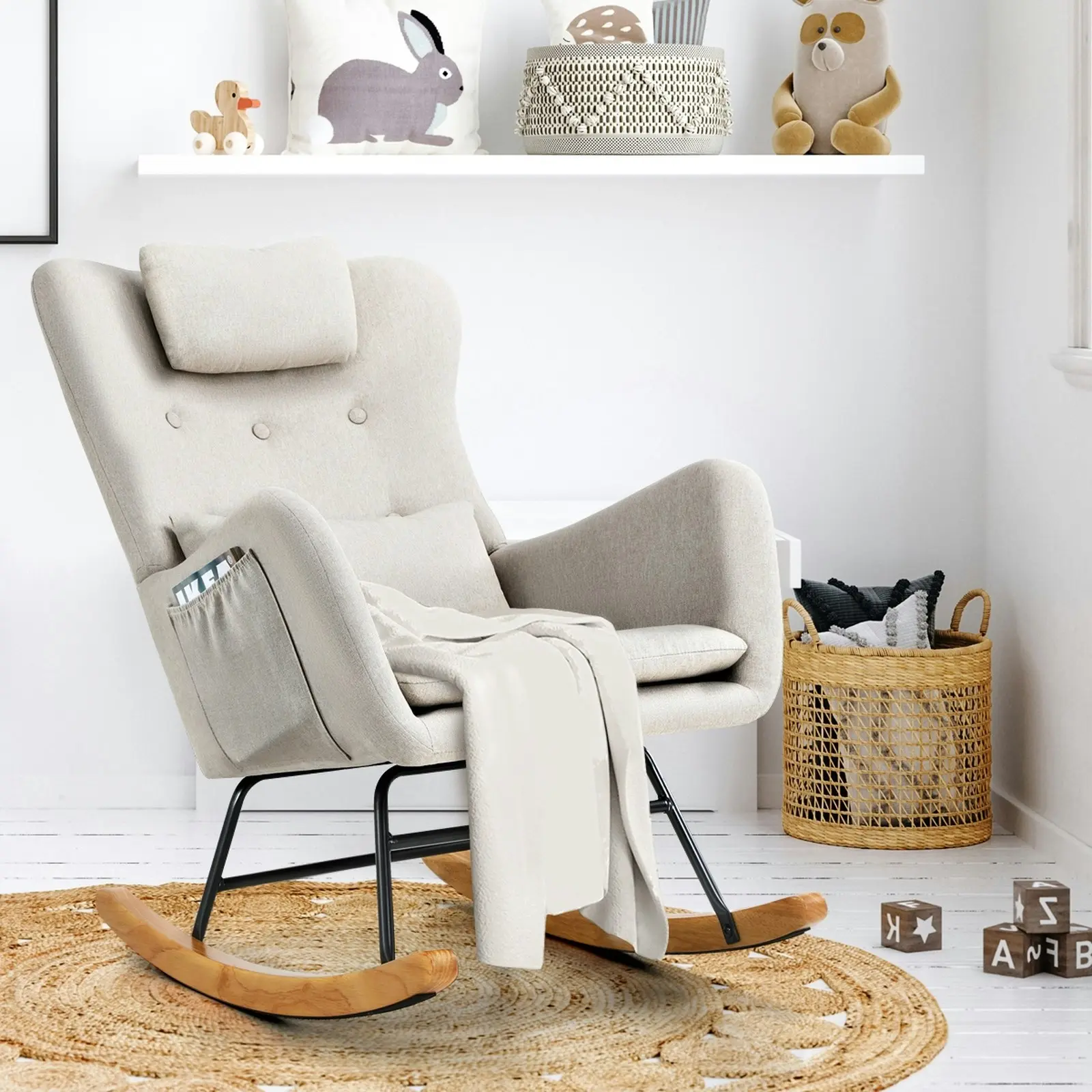 Oikiture Rocking Chair Nursing Armchair Linen Accent Chairs With 2 Pillow Beige