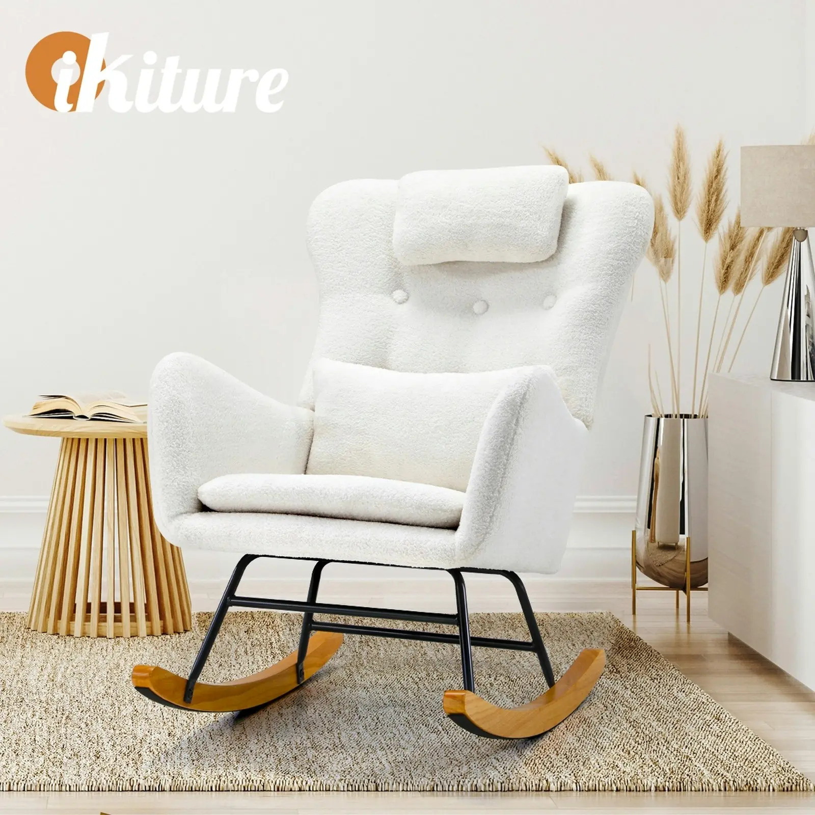 Oikiture Rocking Chair Nursing Armchair Sherpa Accent Chairs With 2 Pillow White