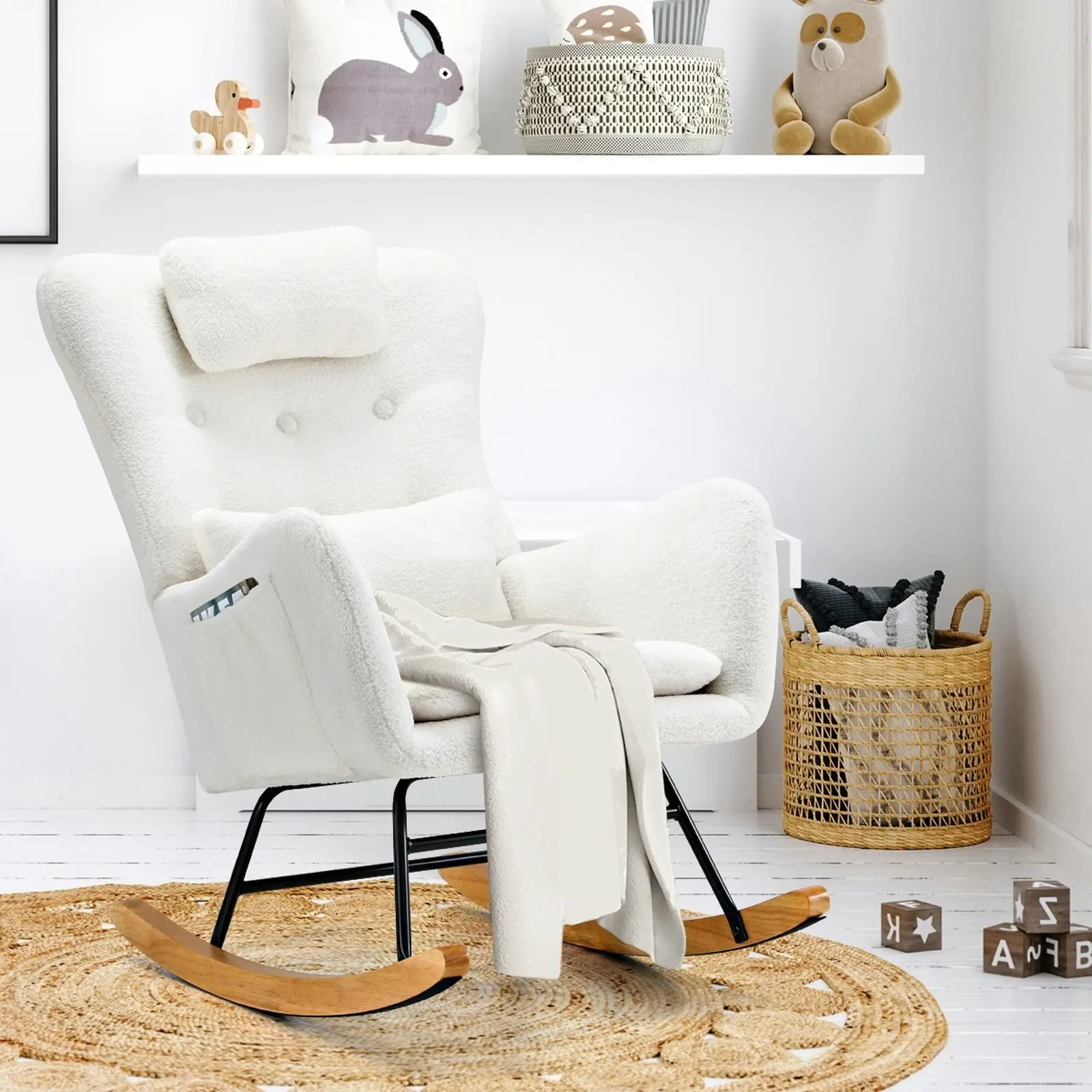 Oikiture Rocking Chair Nursing Armchair Sherpa Accent Chairs With 2 Pillow White