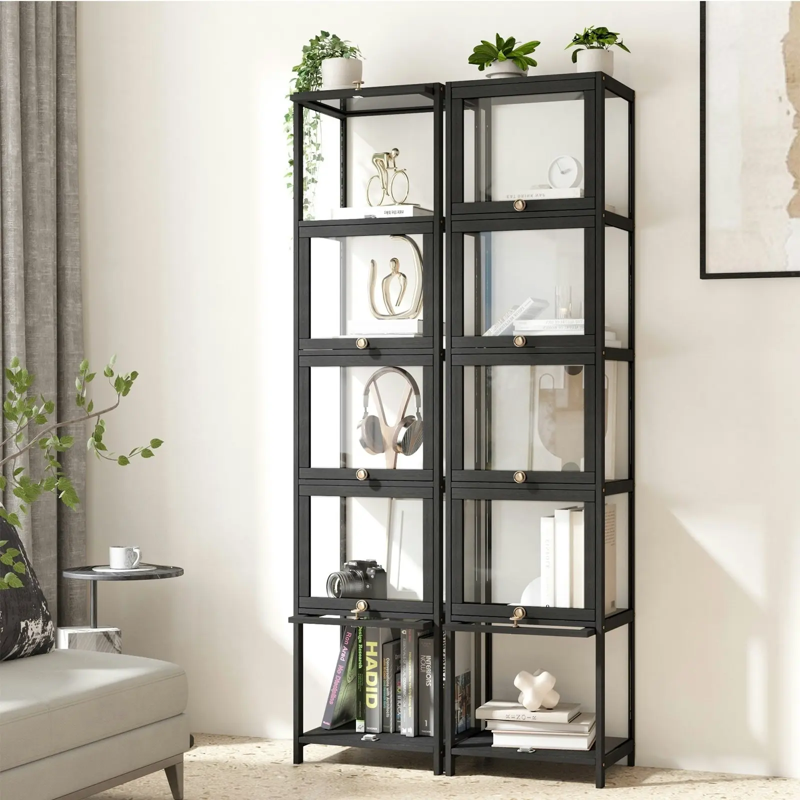 Oikiture Display Cabinet Slim Storage 5-Tier Shelves Clear Bookcase Rack Black