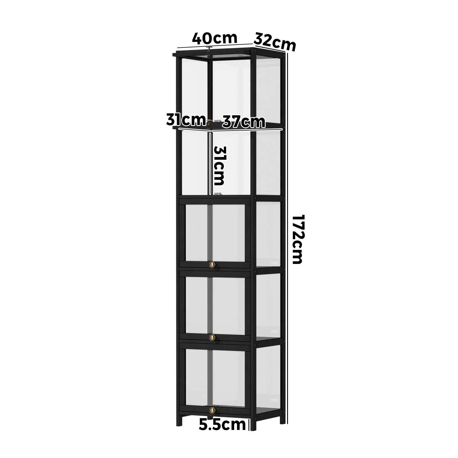 Oikiture Display Cabinet Slim Storage 5-Tier Shelves Clear Bookcase Rack Black