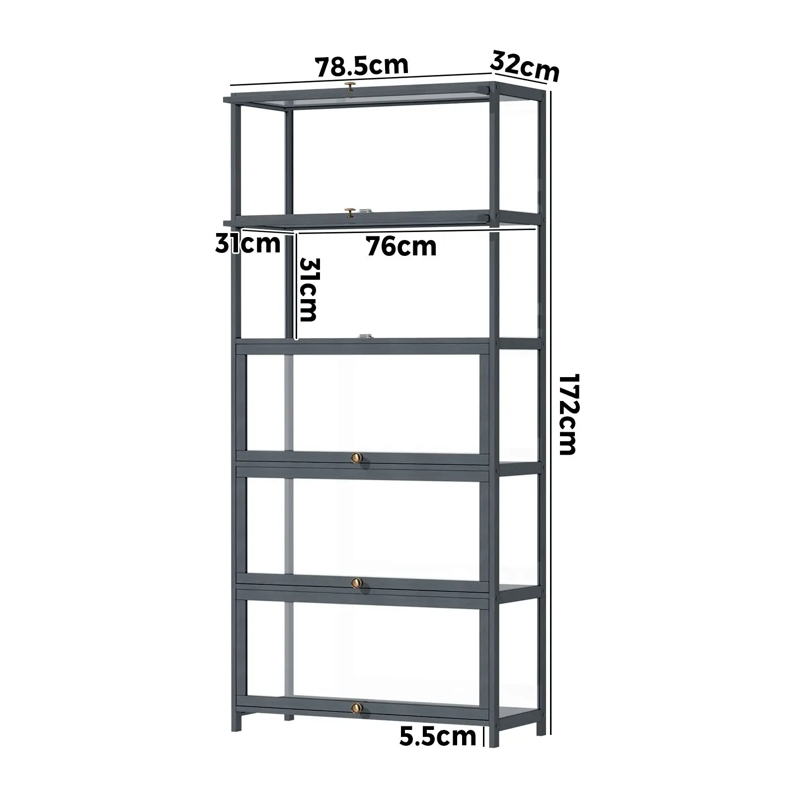 Oikiture Display Cabinet Storage 5-Tier Shelves Clear Bookcase Sideboard Grey