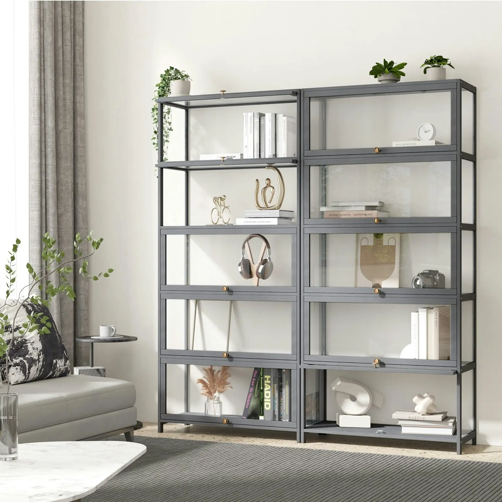 Oikiture Display Cabinet Storage 5-Tier Shelves Clear Bookcase Sideboard Grey