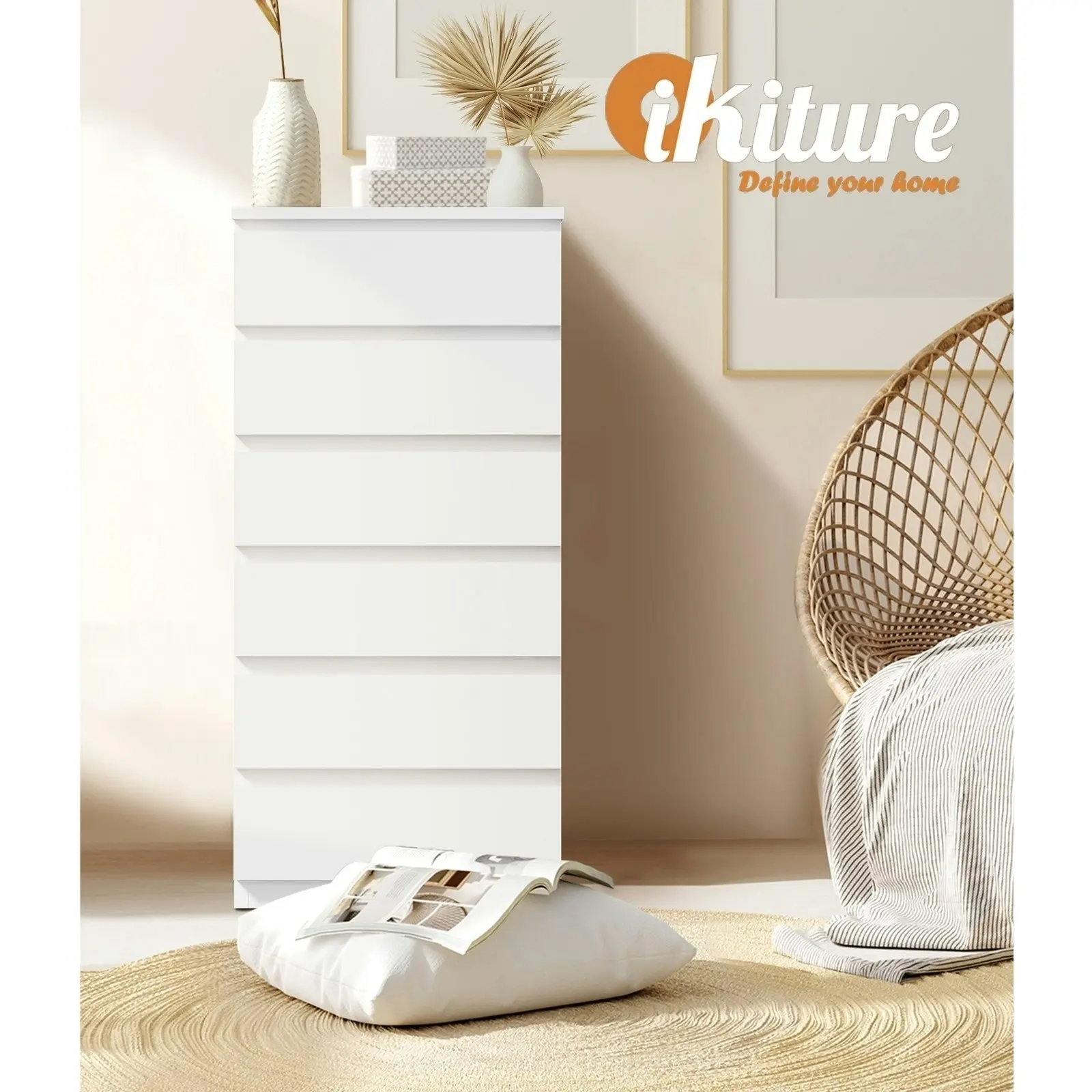 Oikiture 6 Chest of Drawers Tallboy Dresser Table Storage Cabinet Bedroom White