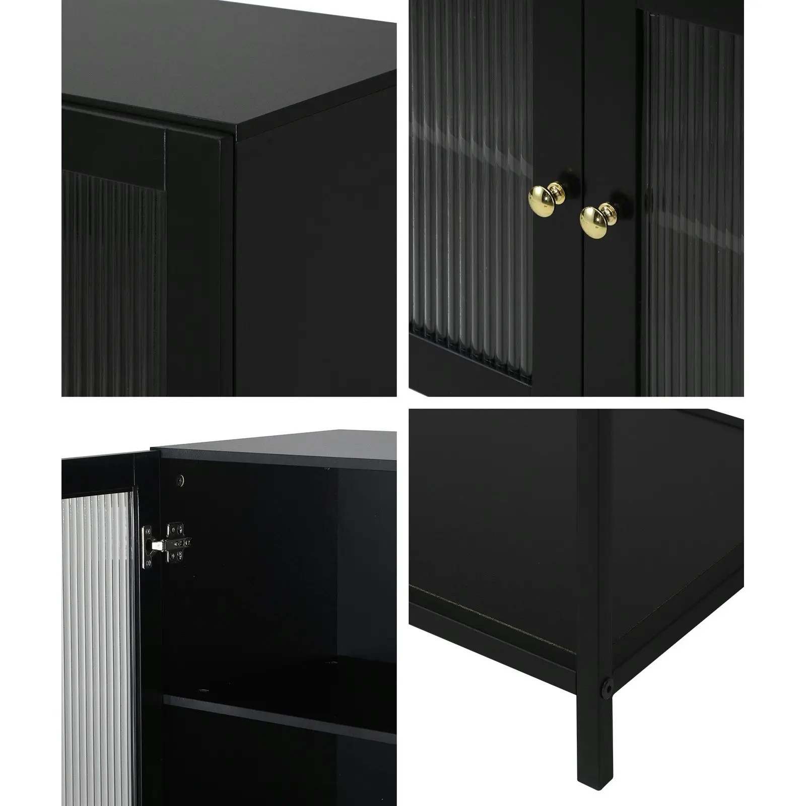 Oikiture Storage Cabinet Floor Cupboard Two Tempered Glass Door Black