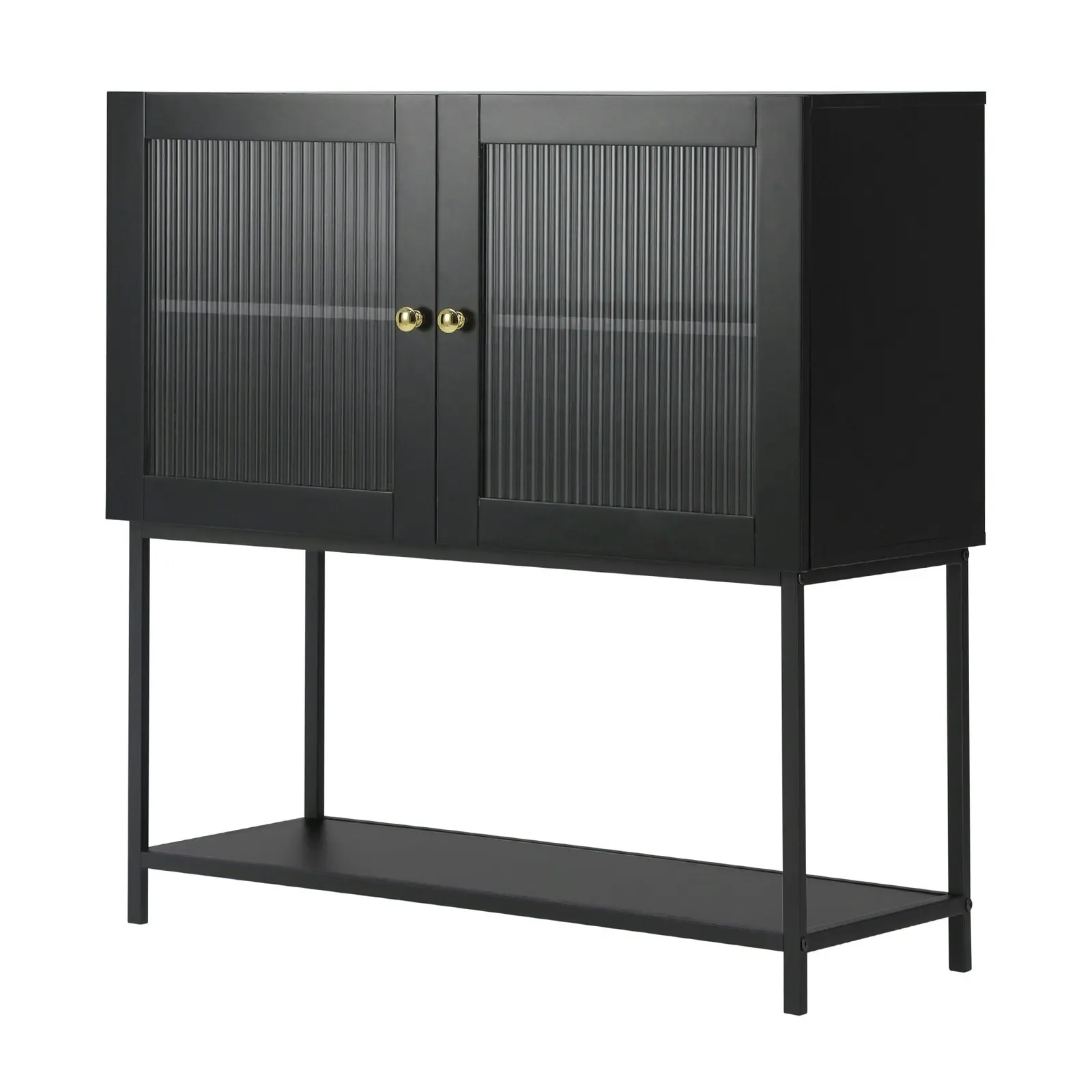 Oikiture Storage Cabinet Floor Cupboard Two Tempered Glass Door Black