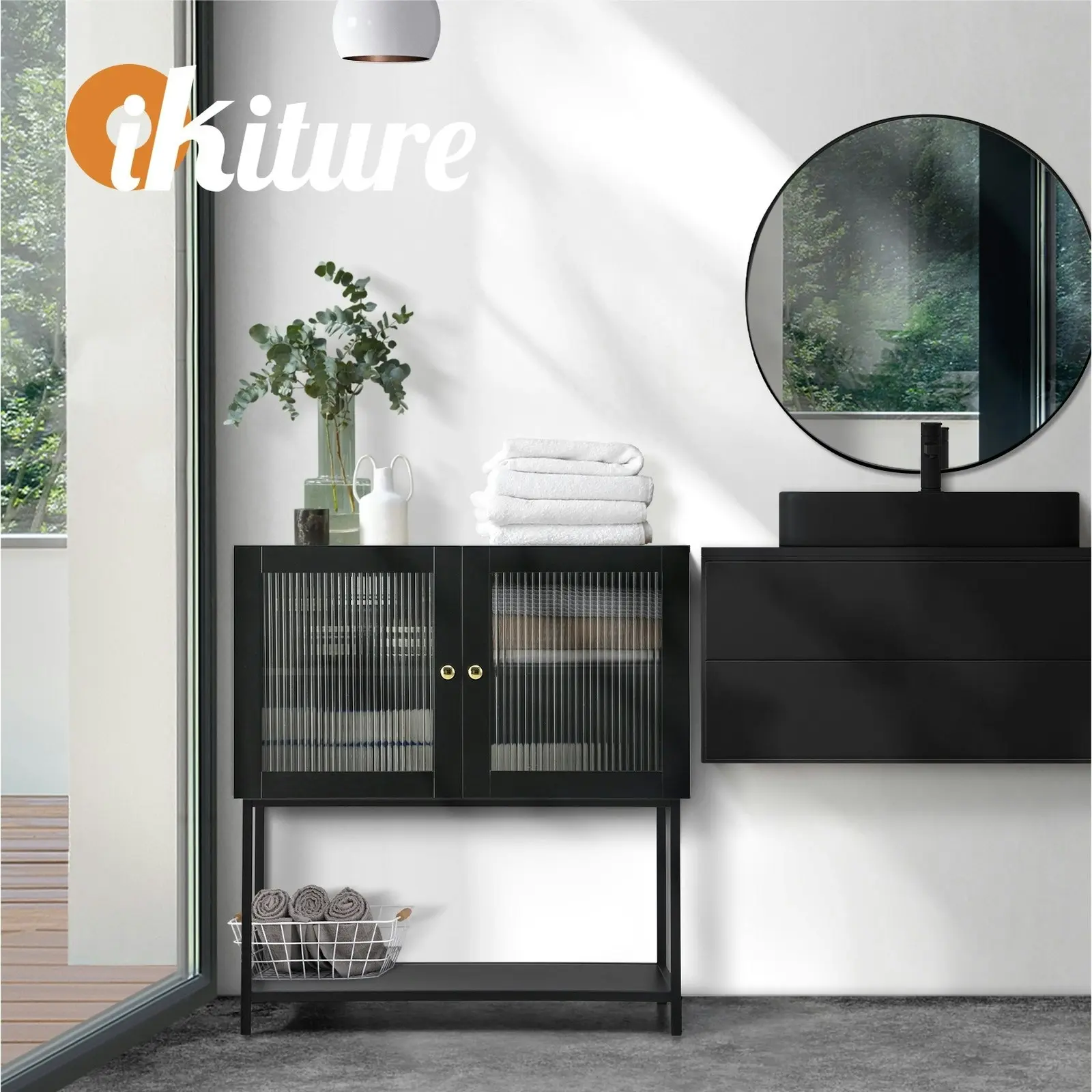 Oikiture Storage Cabinet Floor Cupboard Two Tempered Glass Door Black