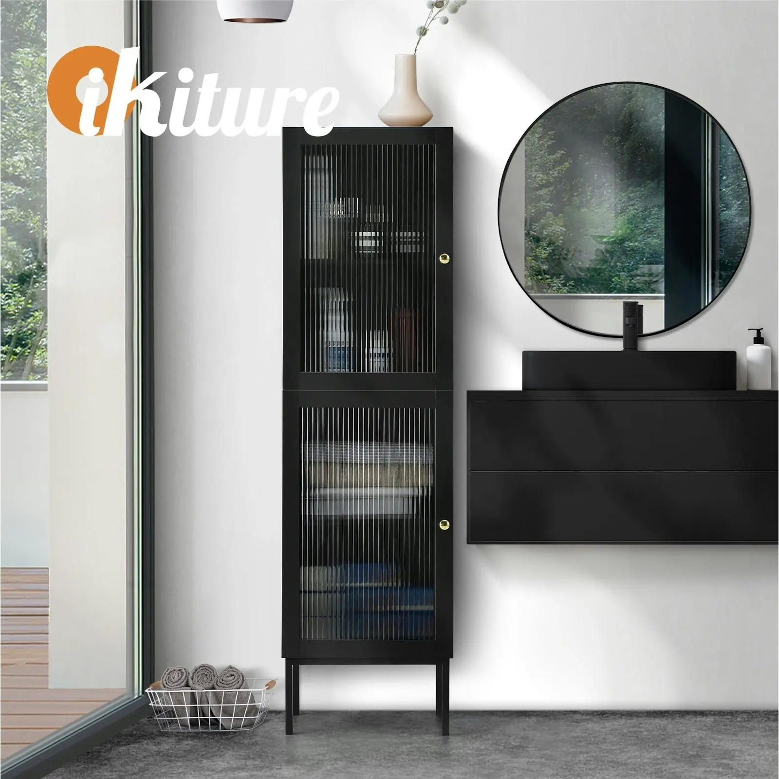 Oikiture Storage Cabinet Tall Slim Cupboard Tempered Glass Door Black