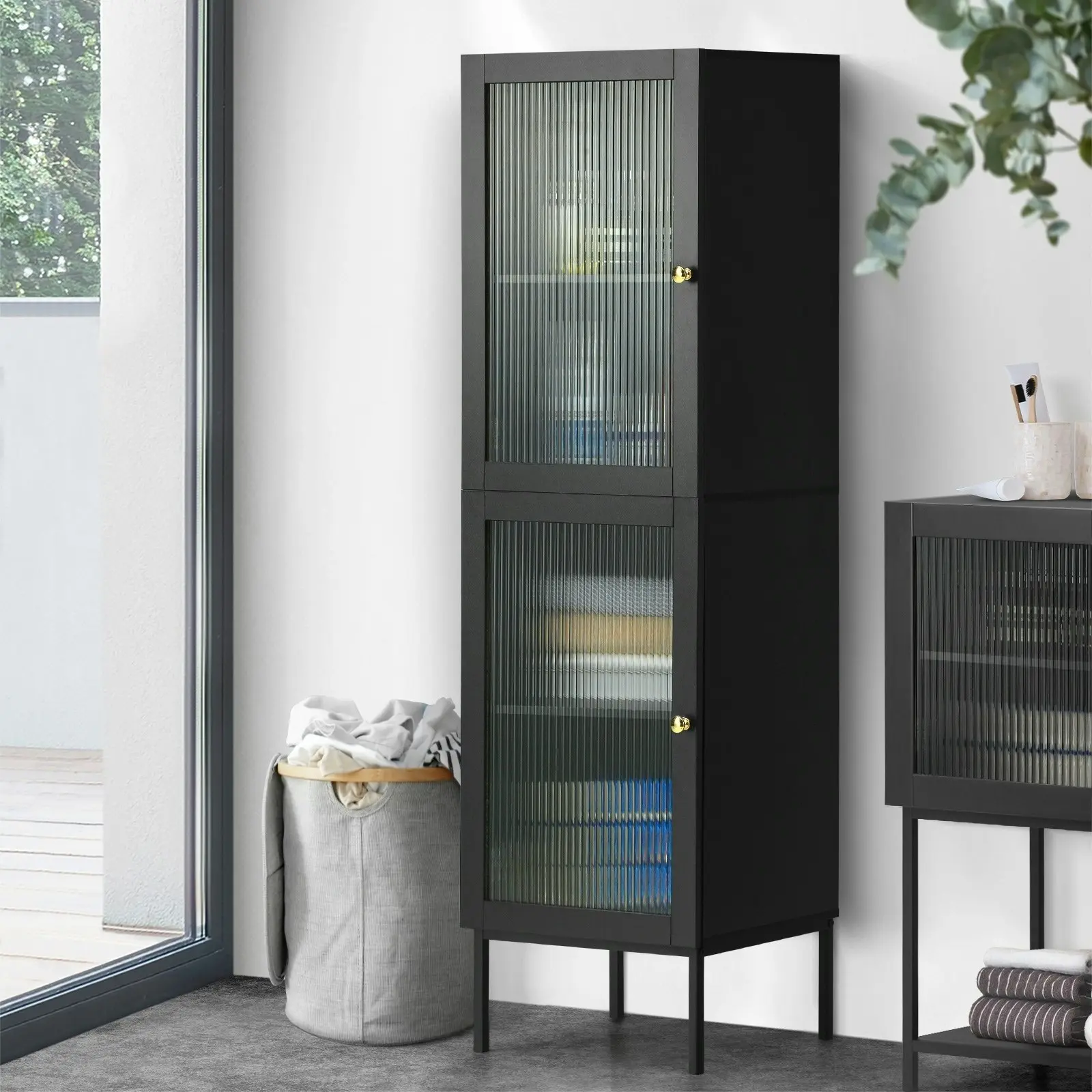 Oikiture Storage Cabinet Tall Slim Cupboard Tempered Glass Door Black