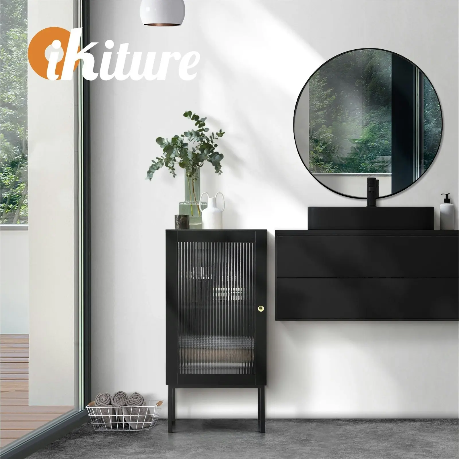 Oikiture Storage Cabinet Floor Cupboard Slim Tempered Glass Door Black