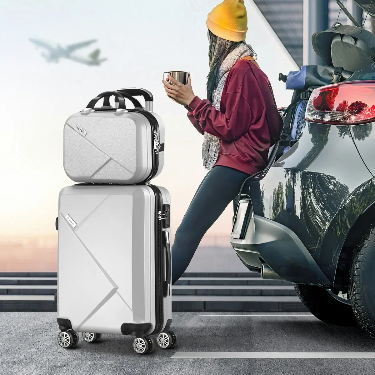 Mazam 2PCS Luggage Suitcase Trolley Set Travel TSA Lock Storage Hard Case Silver