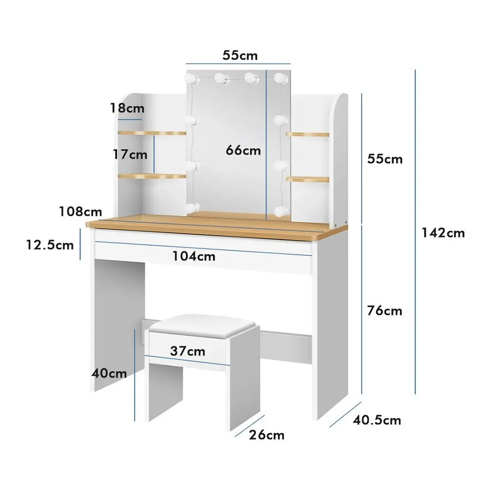 Alfordson Dressing Table Stool Set LED Bulbs Shelf Oak