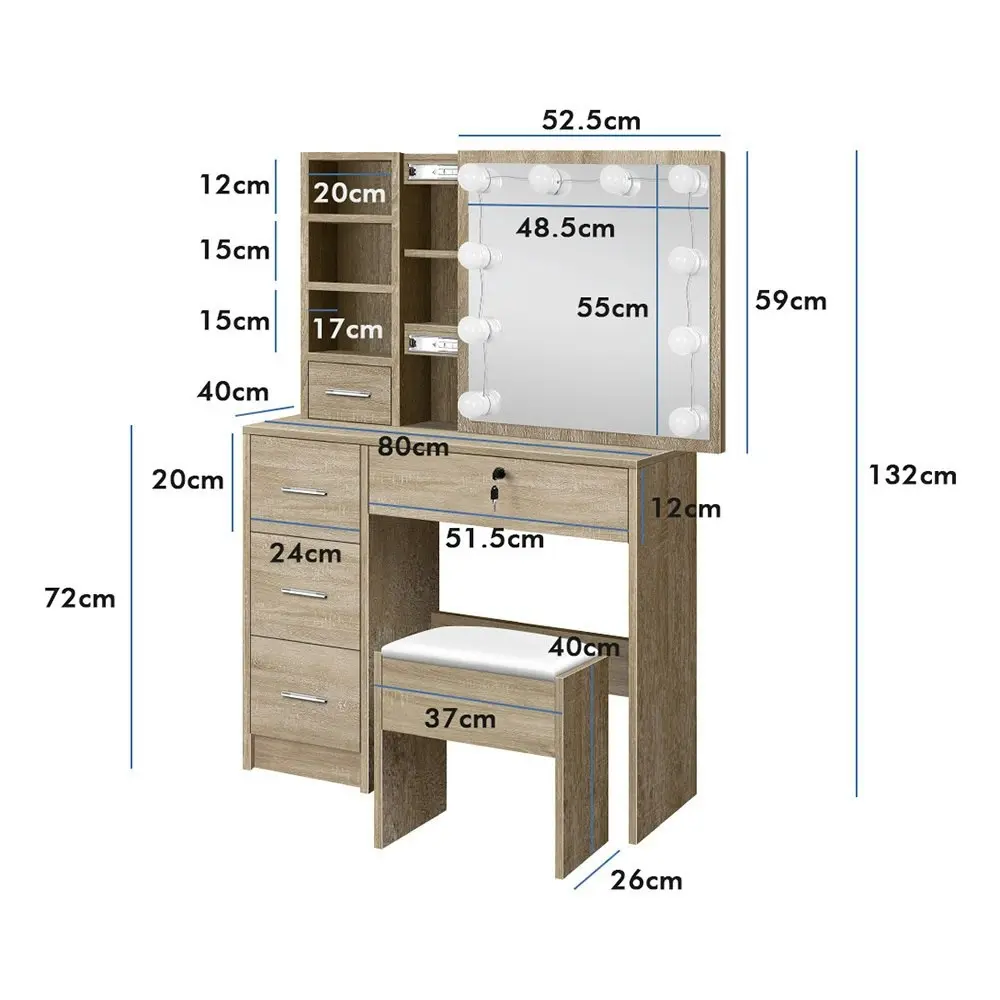 Alfordson Dressing Table Stool Set Mirror Bulbs Oak