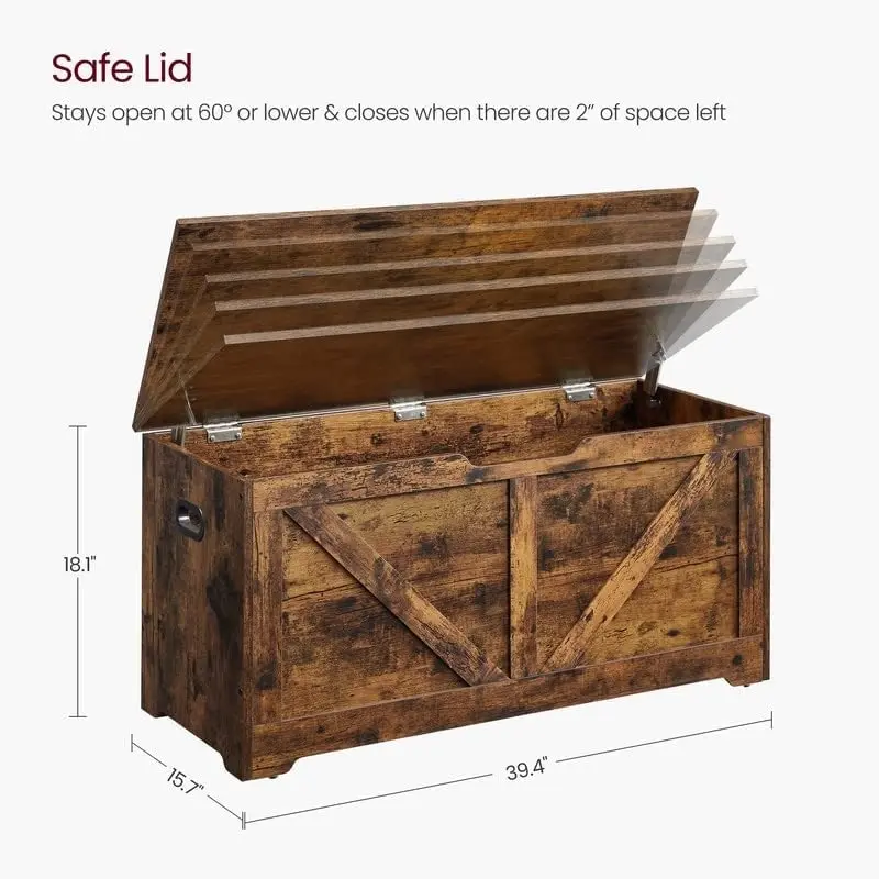 Rustic Brown Barn Style Toy Chest Box Organizer with Safety Hinges and Storage Bench