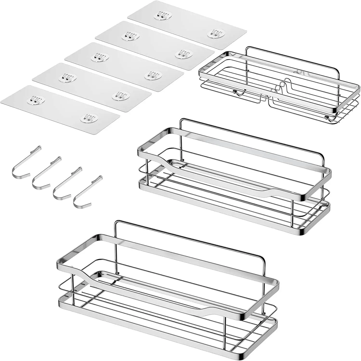 3 Pack shower caddy shelf, 4 hooks, stainless steel