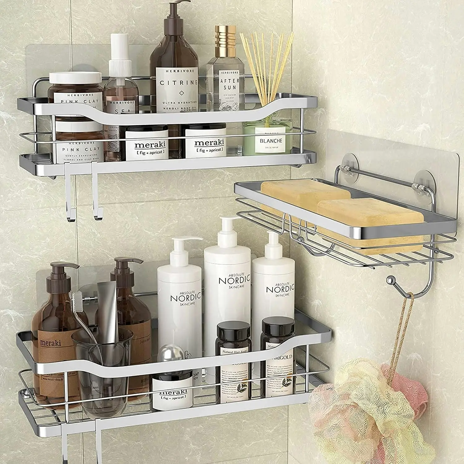 3 Pack shower caddy shelf, 4 hooks, stainless steel