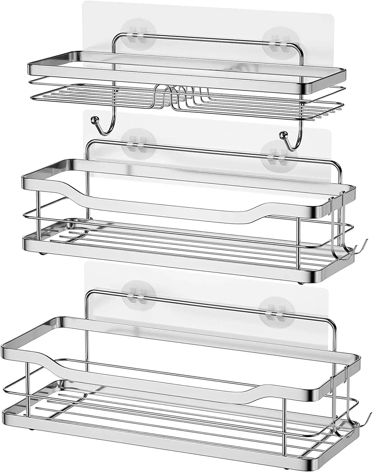 3 Pack shower caddy shelf, 4 hooks, stainless steel