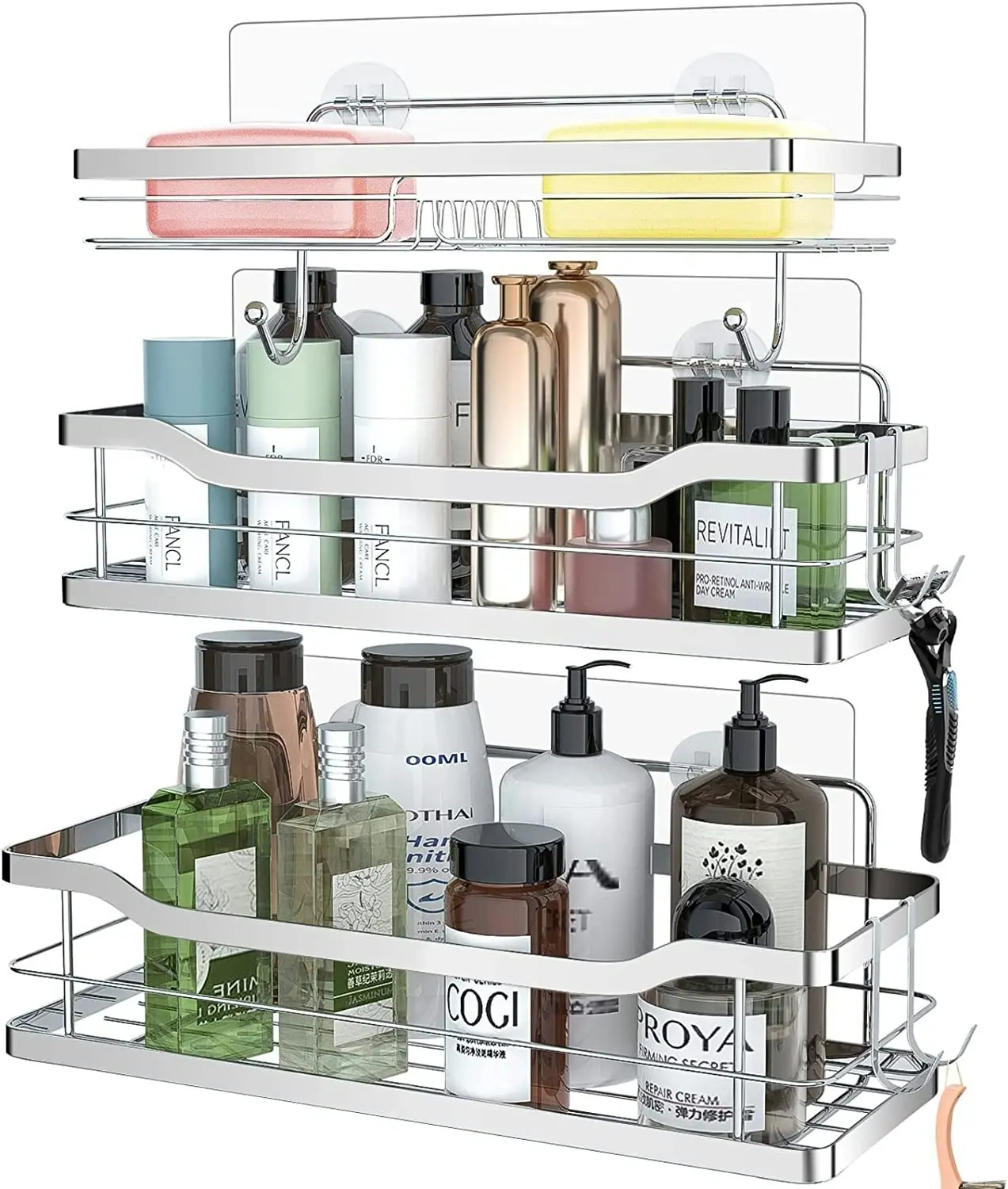 3 Pack shower caddy shelf, 4 hooks, stainless steel