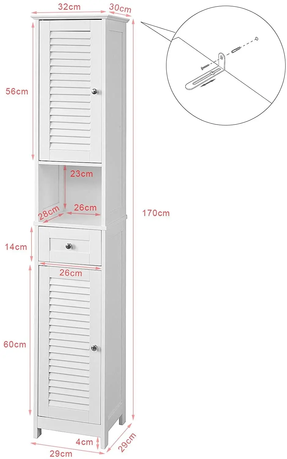 Freestanding Tall Bathroom Cabinet 170 x 32 x 30 cm (White)