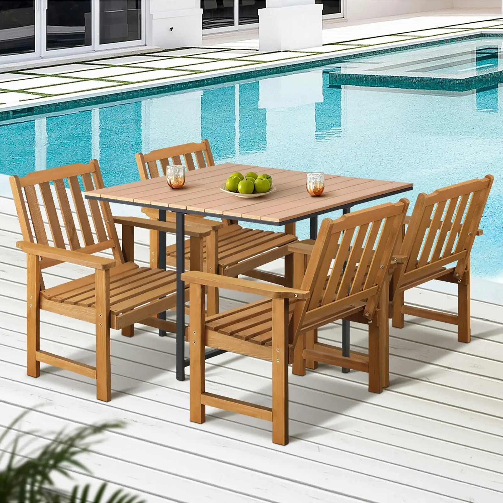 Livsip 4 Seater Outdoor Dining Set Furniture Table & Wood Chairs Patio Setting