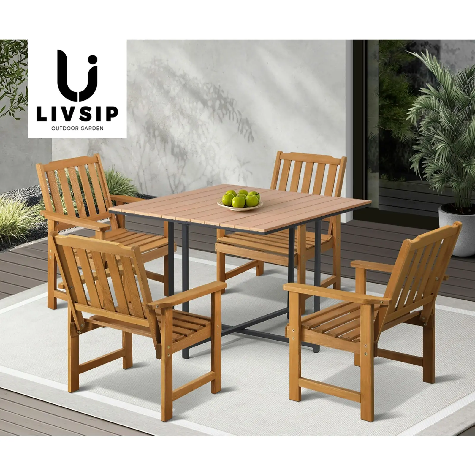 Livsip 4 Seater Outdoor Dining Set Furniture Table & Wood Chairs Patio Setting