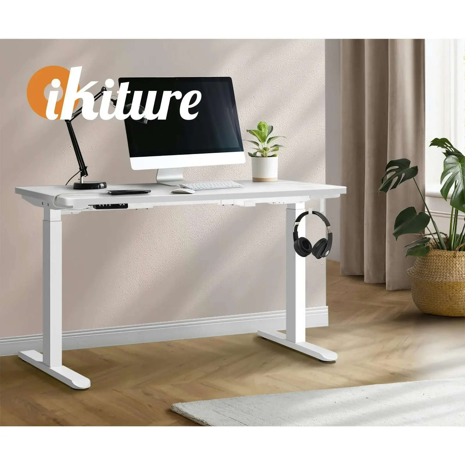 Oikiture 150cm Electric Standing Desk Dual Motor White Frame White Desktop