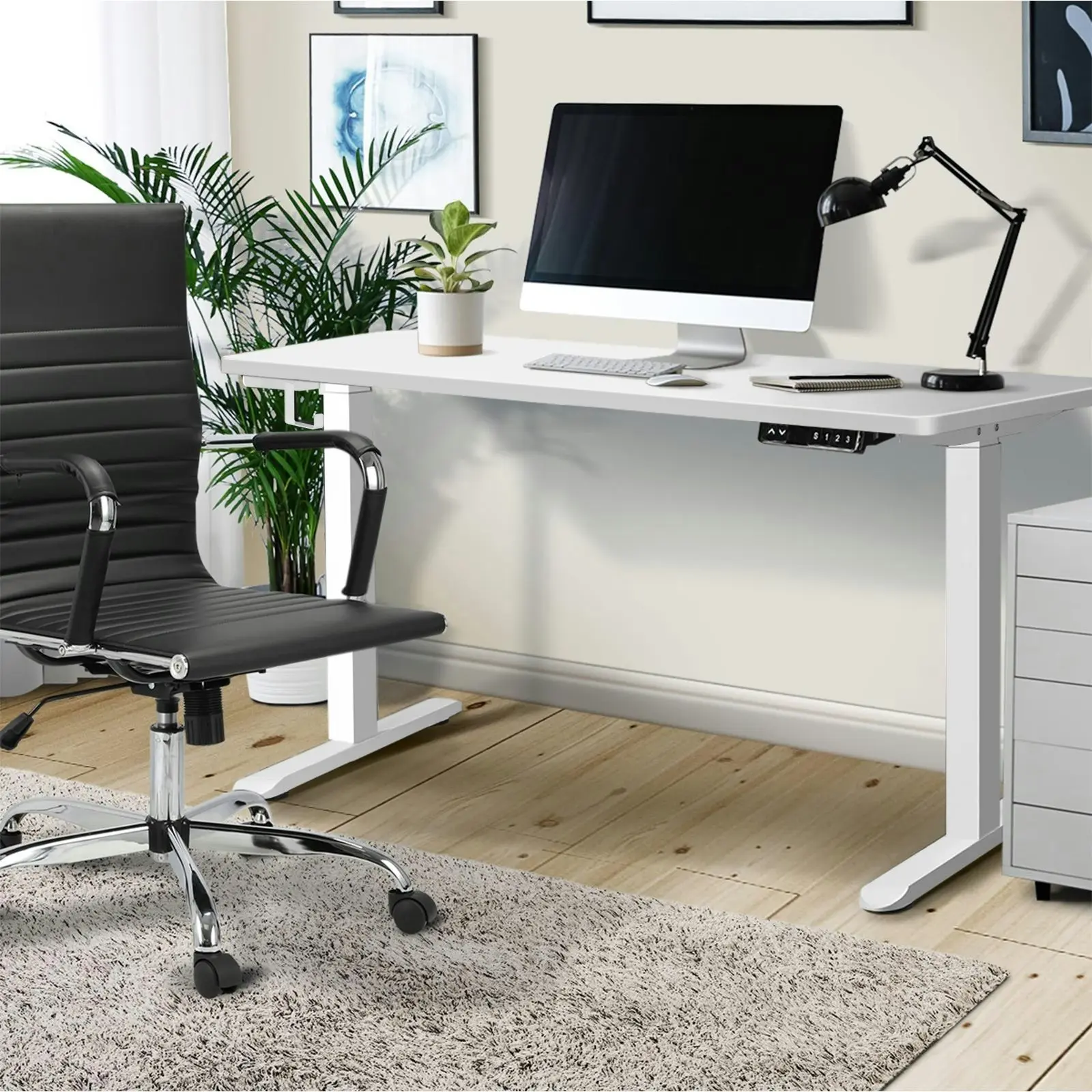 Oikiture 150cm Electric Standing Desk Dual Motor White Frame White Desktop