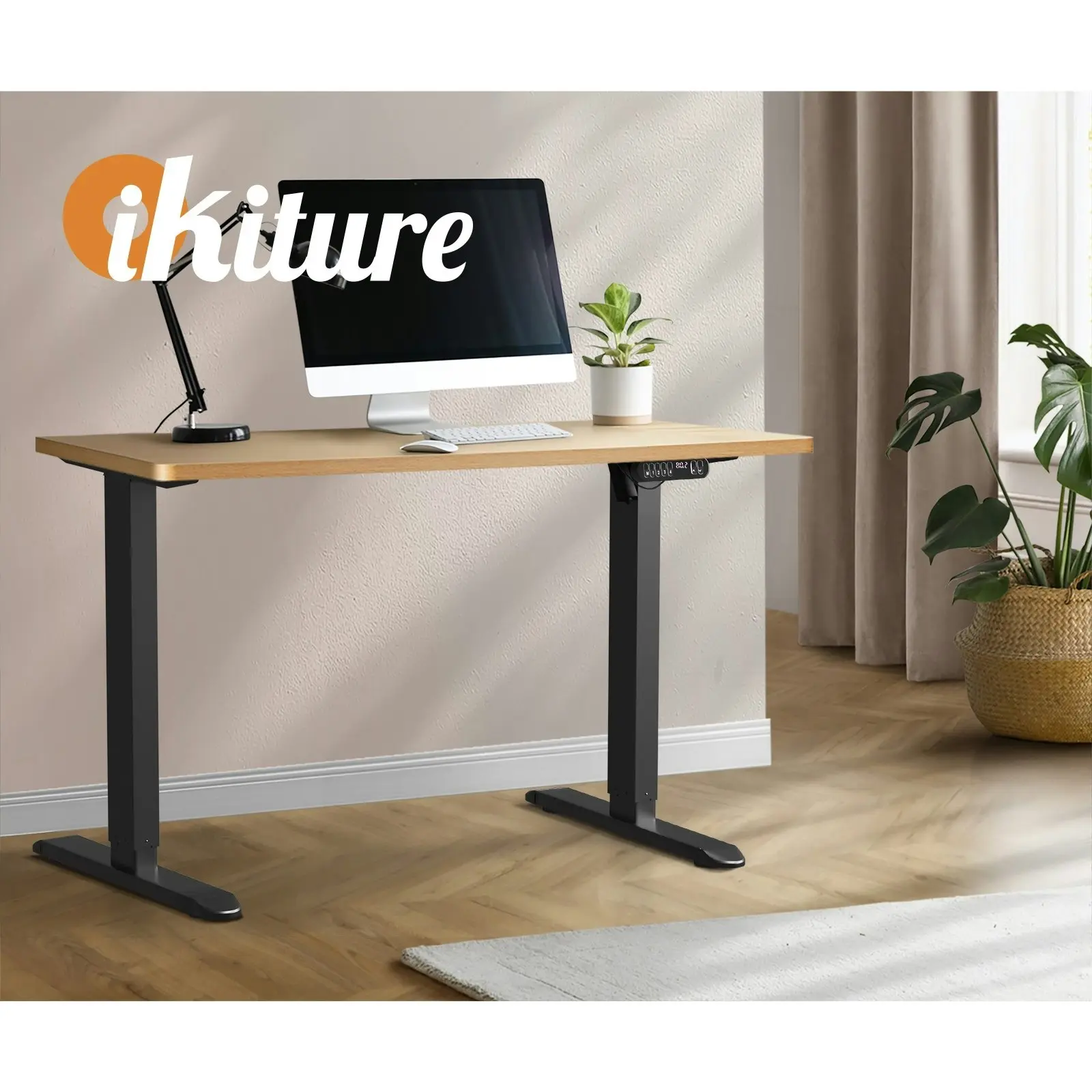 Oikiture 120CM Electric Standing Desk Single Motor Black Frame OAK Tabletop