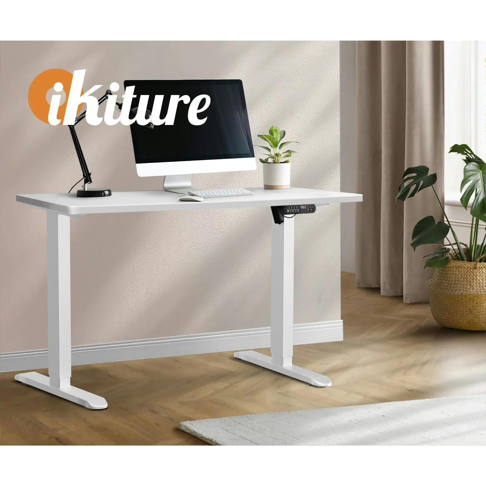 Oikiture 120CM Electric Standing Desk Single Motor White Frame White Tabletop