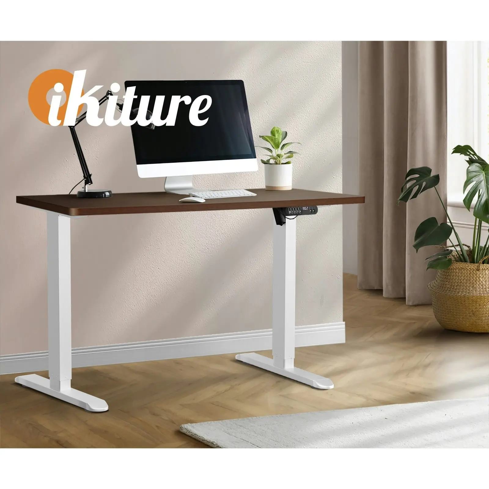 Oikiture 120CM Electric Standing Desk Single Motor White Frame Walnut Tabletop